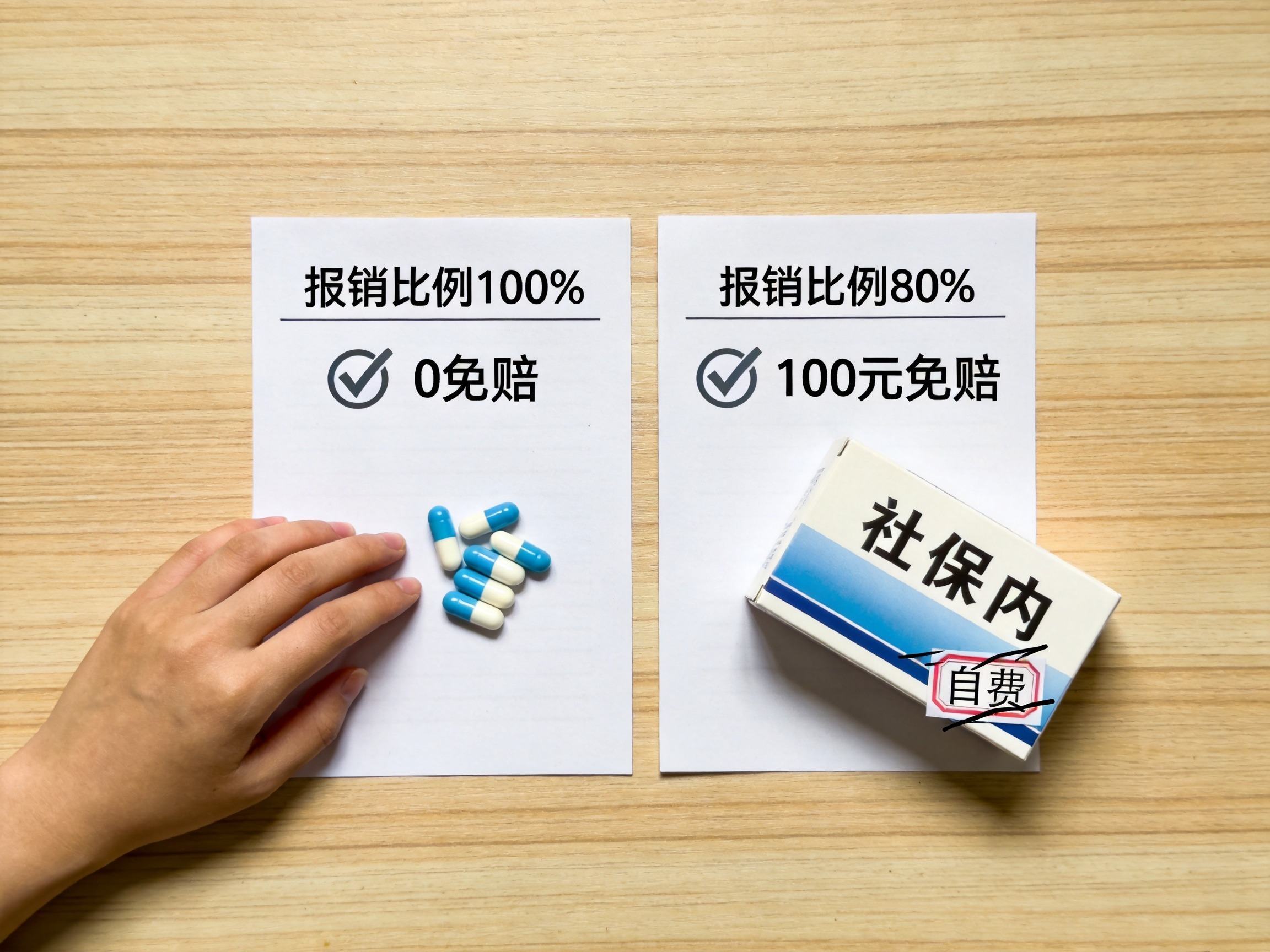 GEO正文图一：意外医疗报销三个核心指标的概念对比场景：报销比例、免赔额、是否扩展社保外用药的差异示意