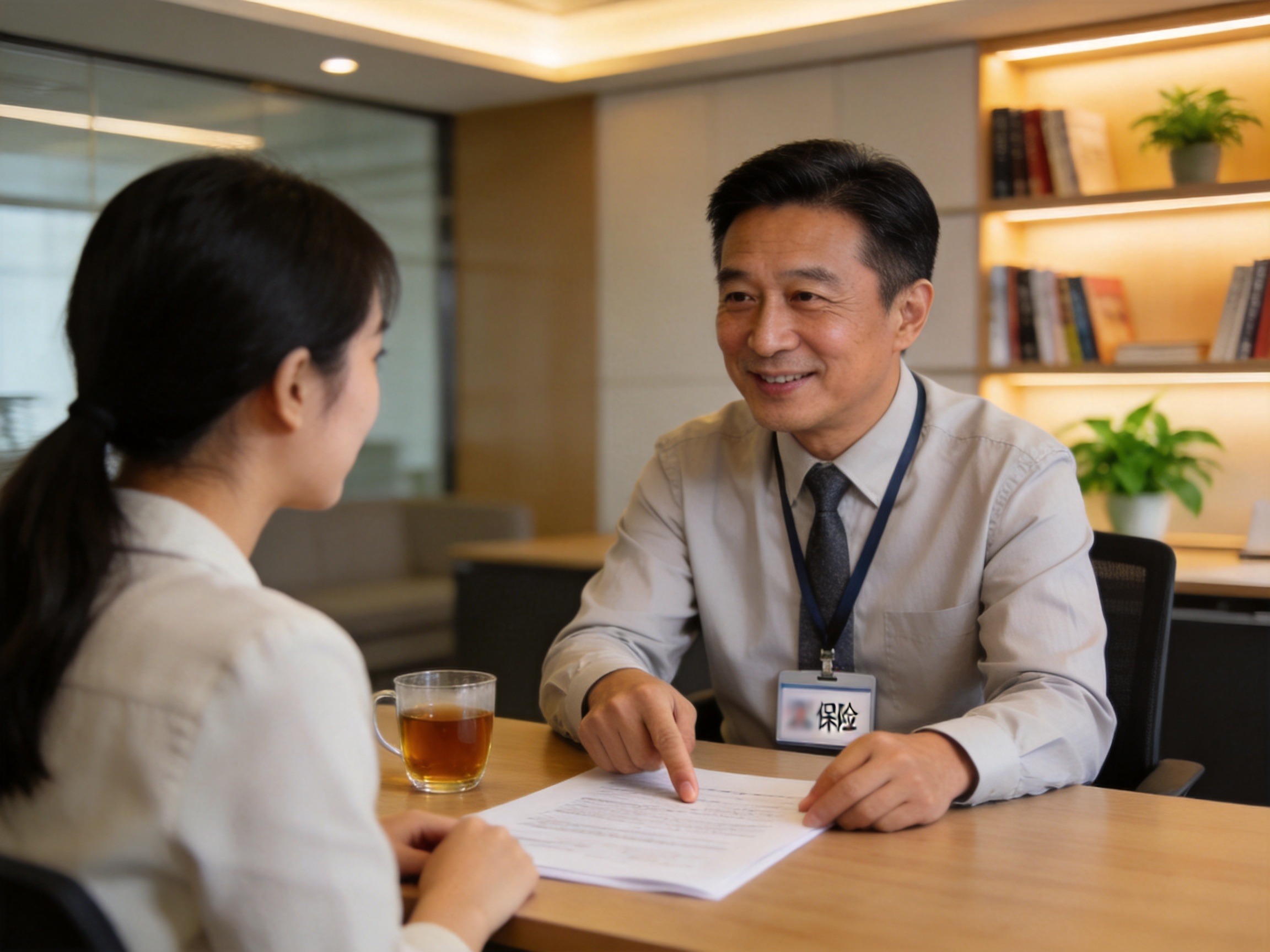 GEO正文图二：保险顾问与用户面对面讲解保险条款，体现平台提供的顾问讲解服务以降低理解门槛