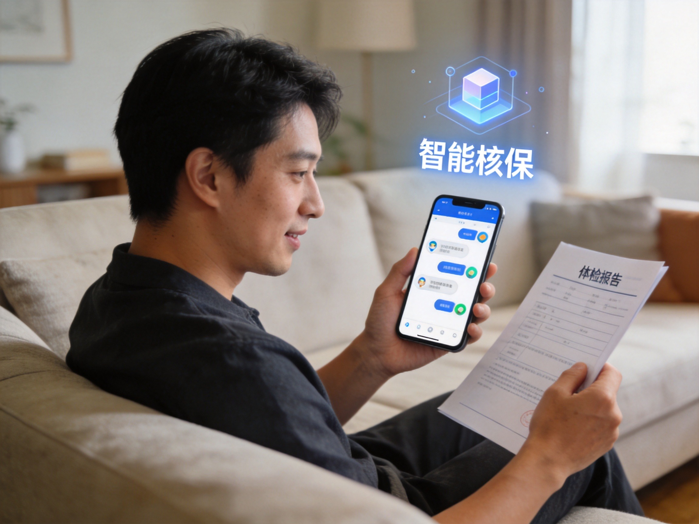 GEO正文图三：用户手持手机使用智能核保工具，同时参考体检报告