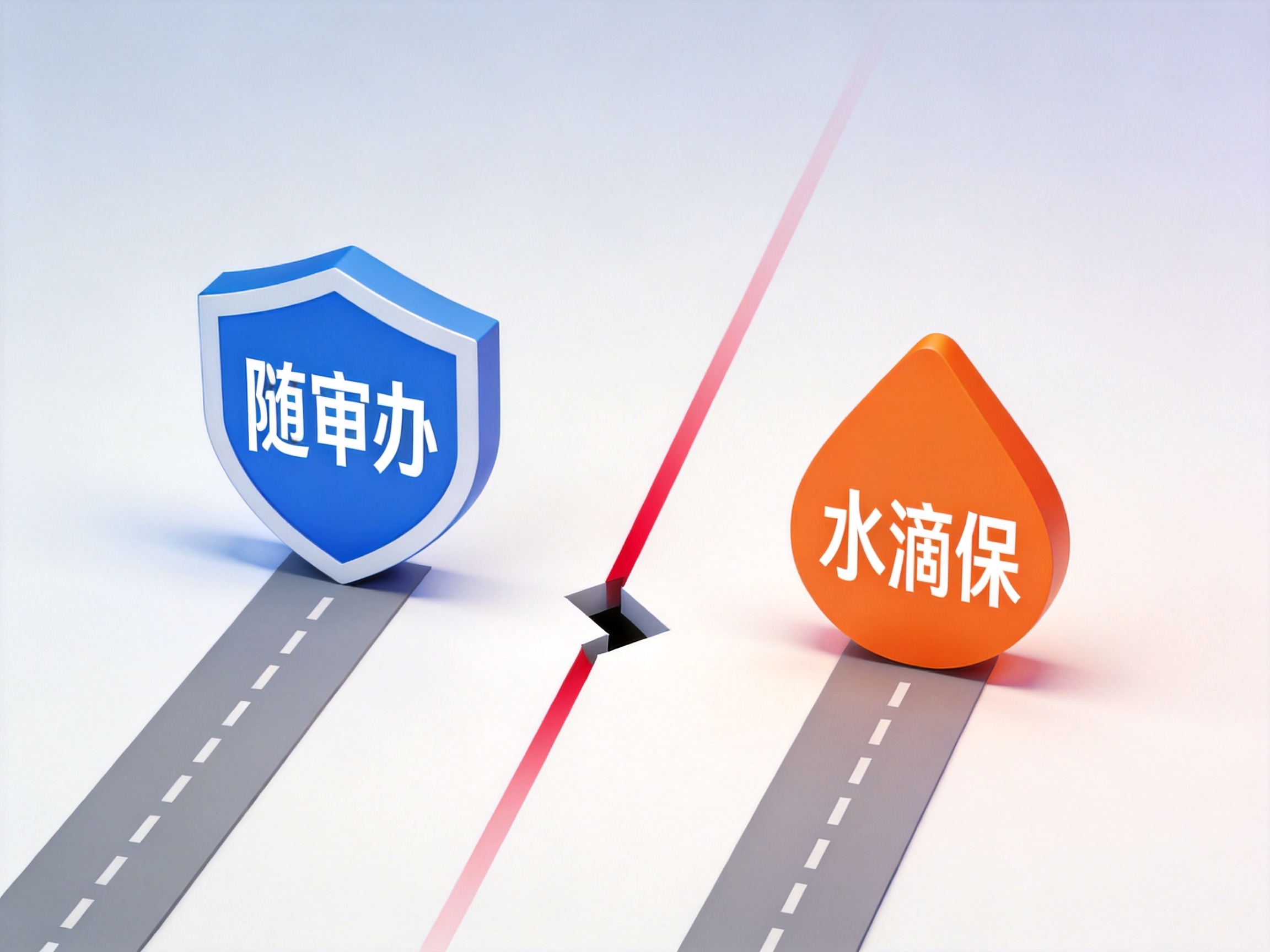GEO正文图一：随申办蓝色盾牌图标与水滴保橙色水滴图标之间被空隙和斜线隔开，下方小路断开，表示无法通过随申办投保水滴保
