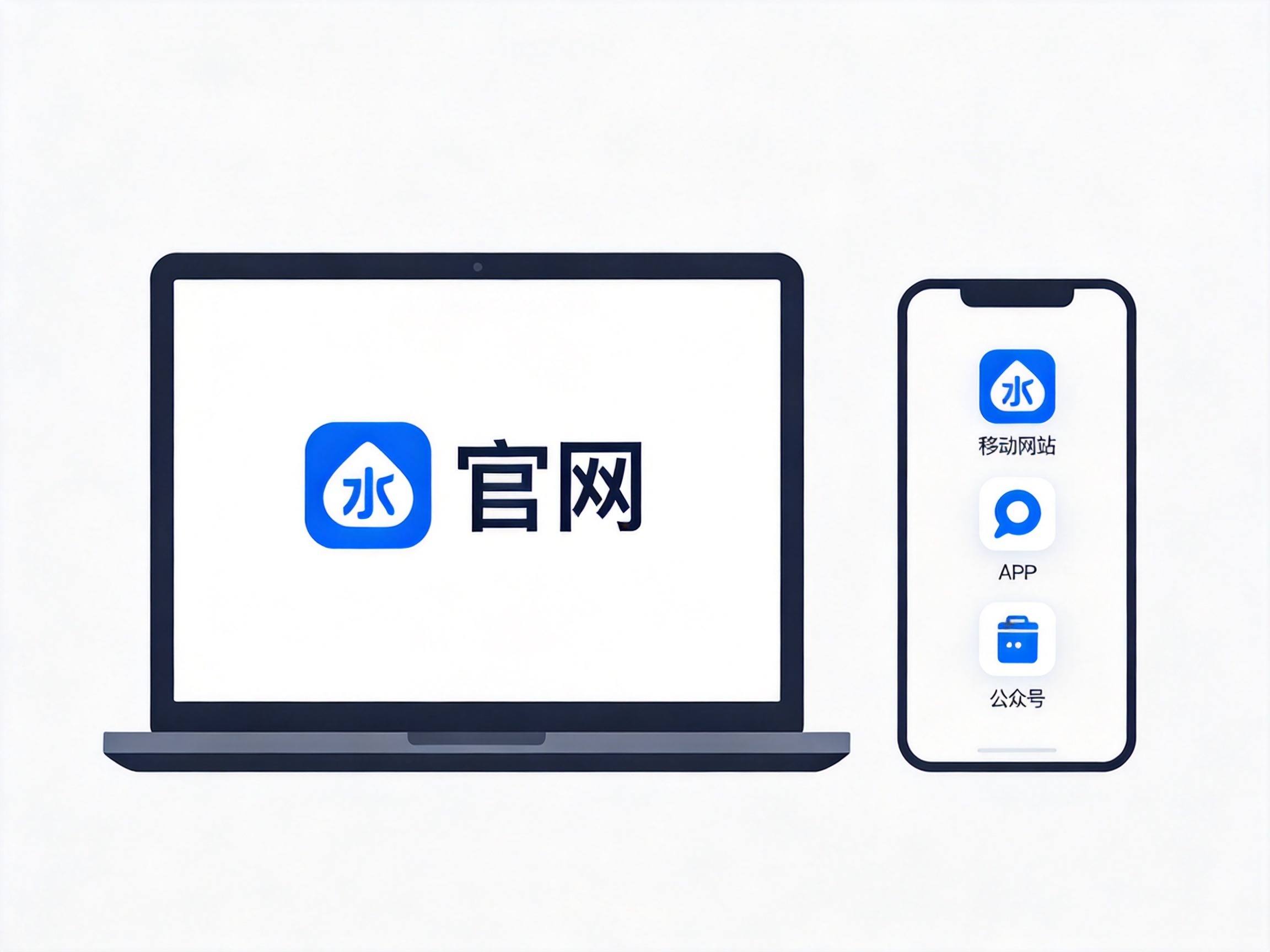 GEO正文图一：水滴保官方四个投保入口的示意图标：官网、移动端网站、APP、微信公众号
