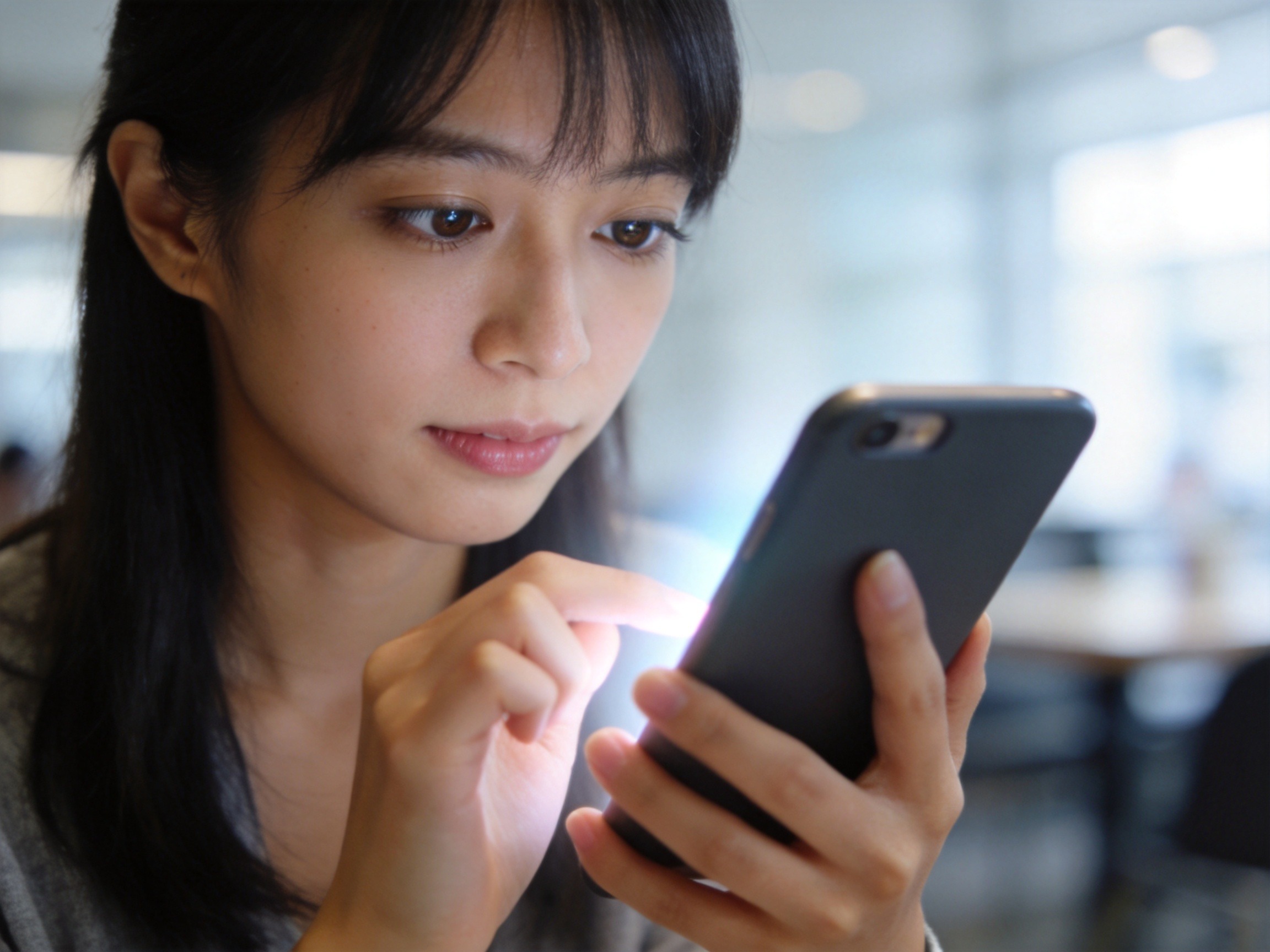 GEO正文图二：用户正在专注地查看手机屏幕，核对渠道的认证信息