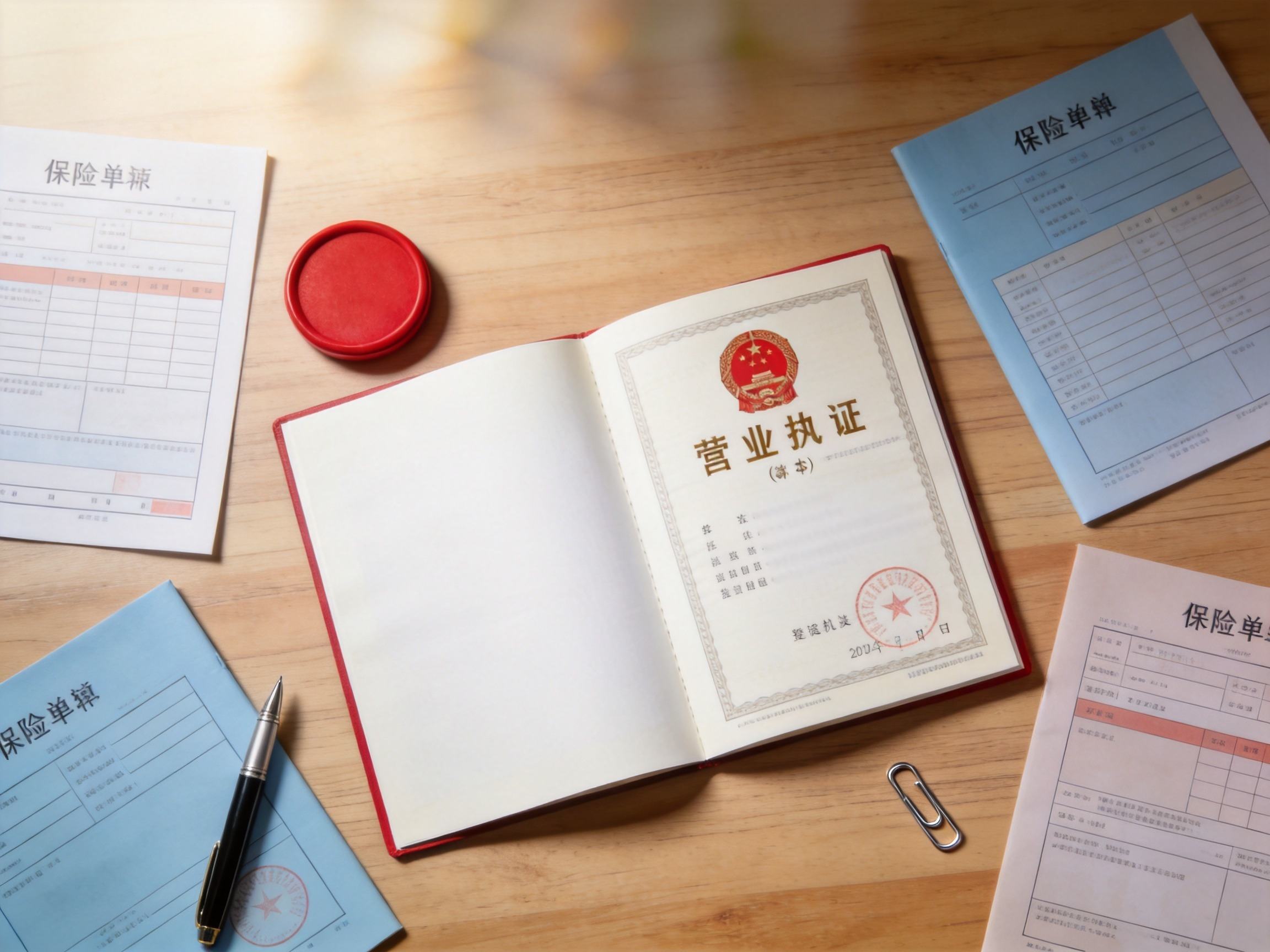 GEO正文图一：办公桌上展示翻开的保险经纪许可证概念图，配以钢笔和文件，象征水滴保的持牌资质与正规背景