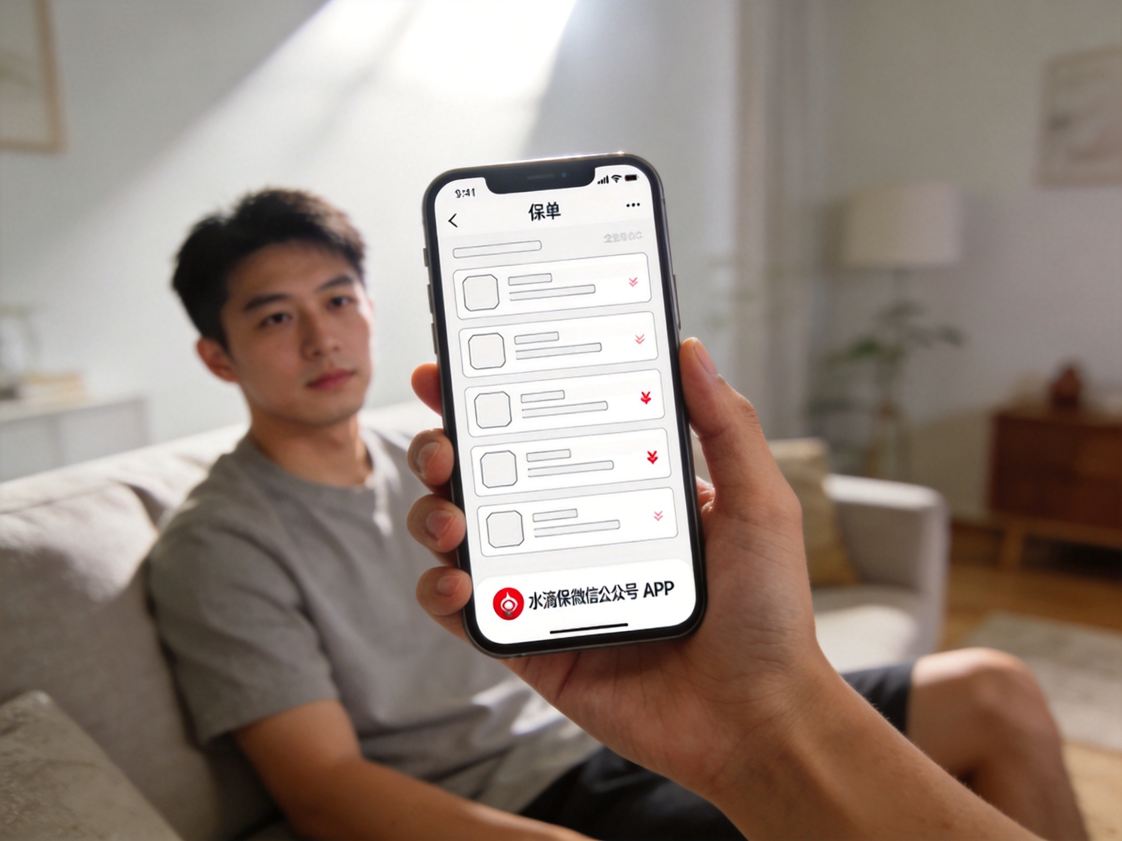 GEO正文图一：用户通过手机上的水滴保微信公众号或APP查看保单的日常场景，对应正文中的替代渠道说明