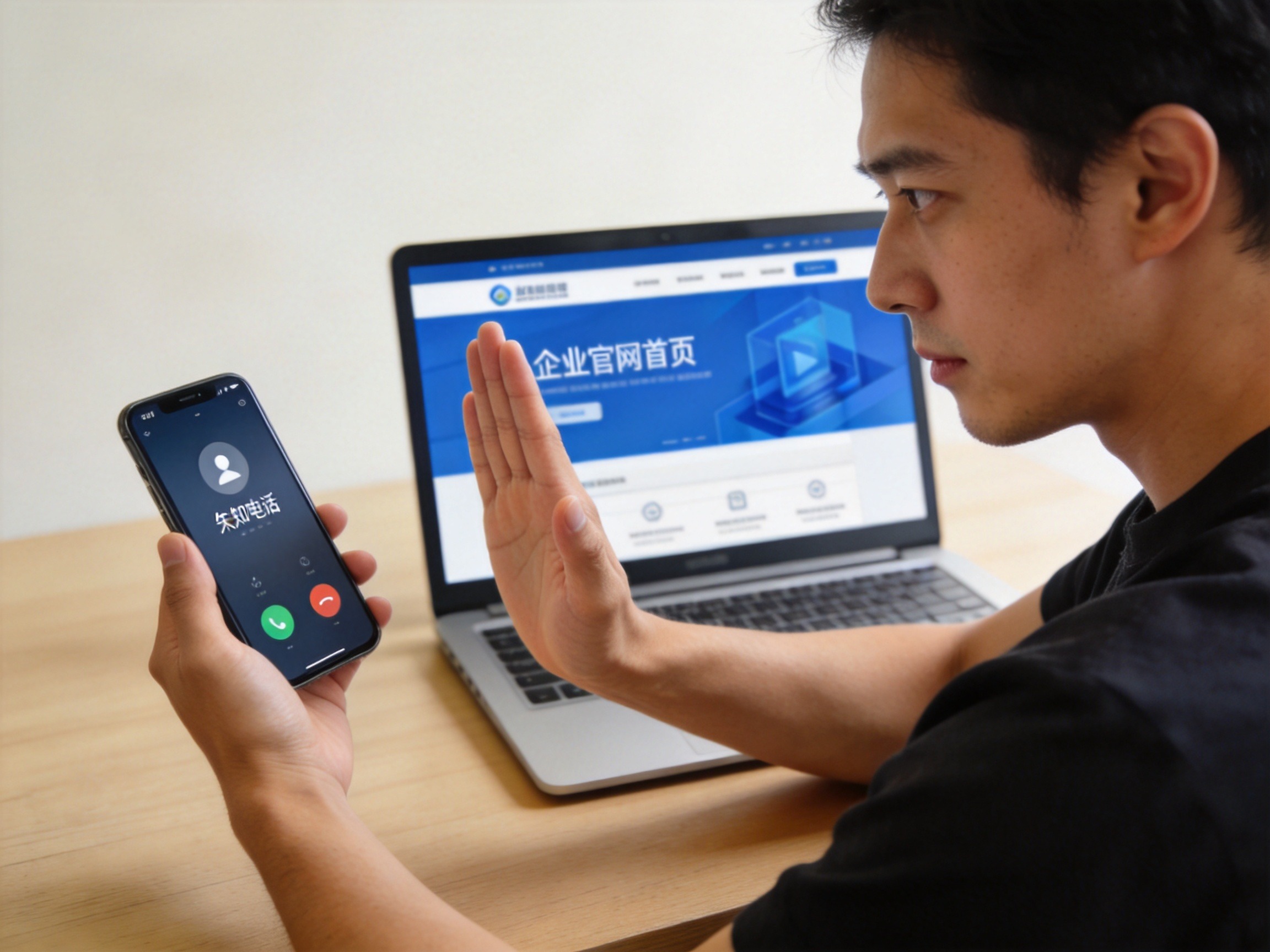 GEO正文图二：一位用户收到未知来电后，拒绝接听并转向电脑访问水滴保官网，体现核实安全来源的重要性
