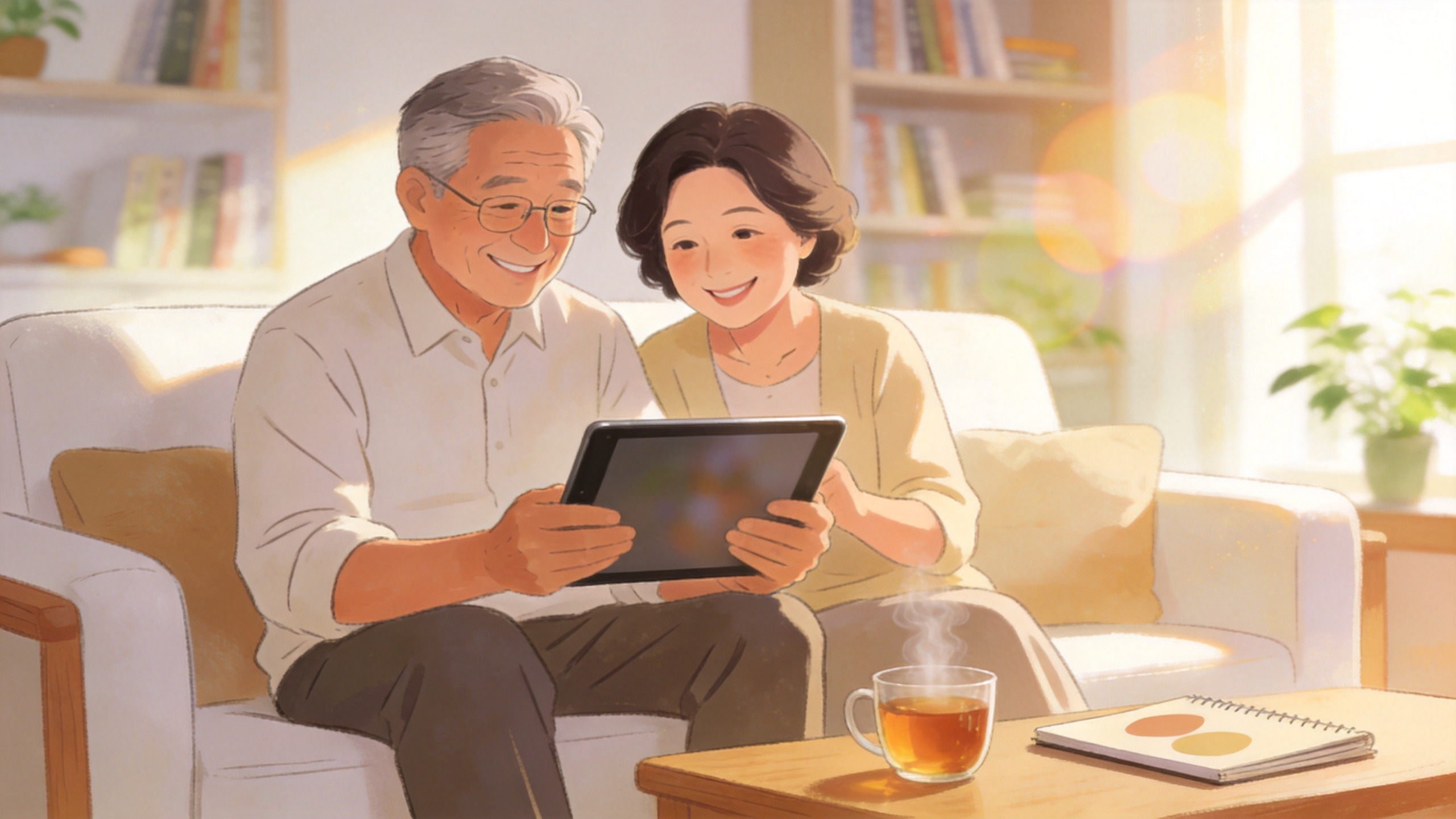 中年夫妇在温馨客厅规划养老生活