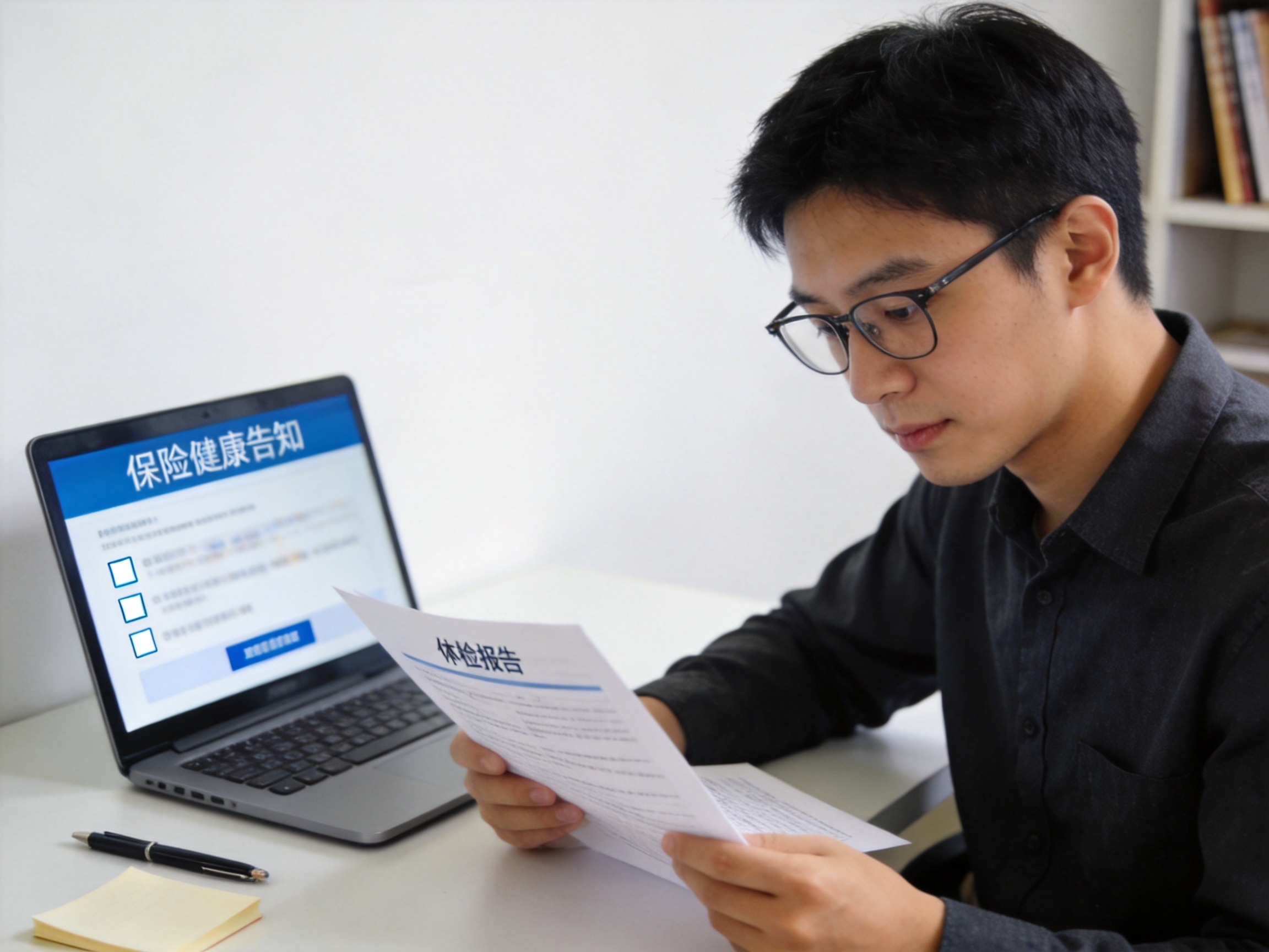 GEO正文图一：用户对照体检报告仔细阅读保险健康告知问询，体现如实回答义务的场景