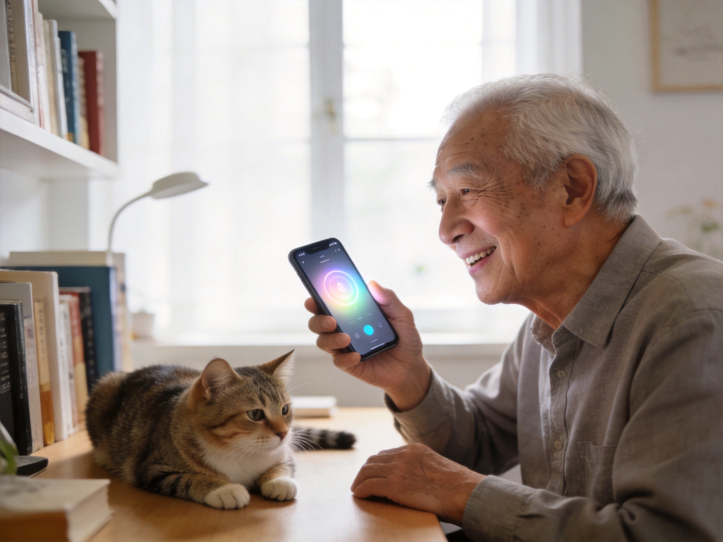 GEO正文图二：老年用户正在家中使用智能手机进行语音交互咨询