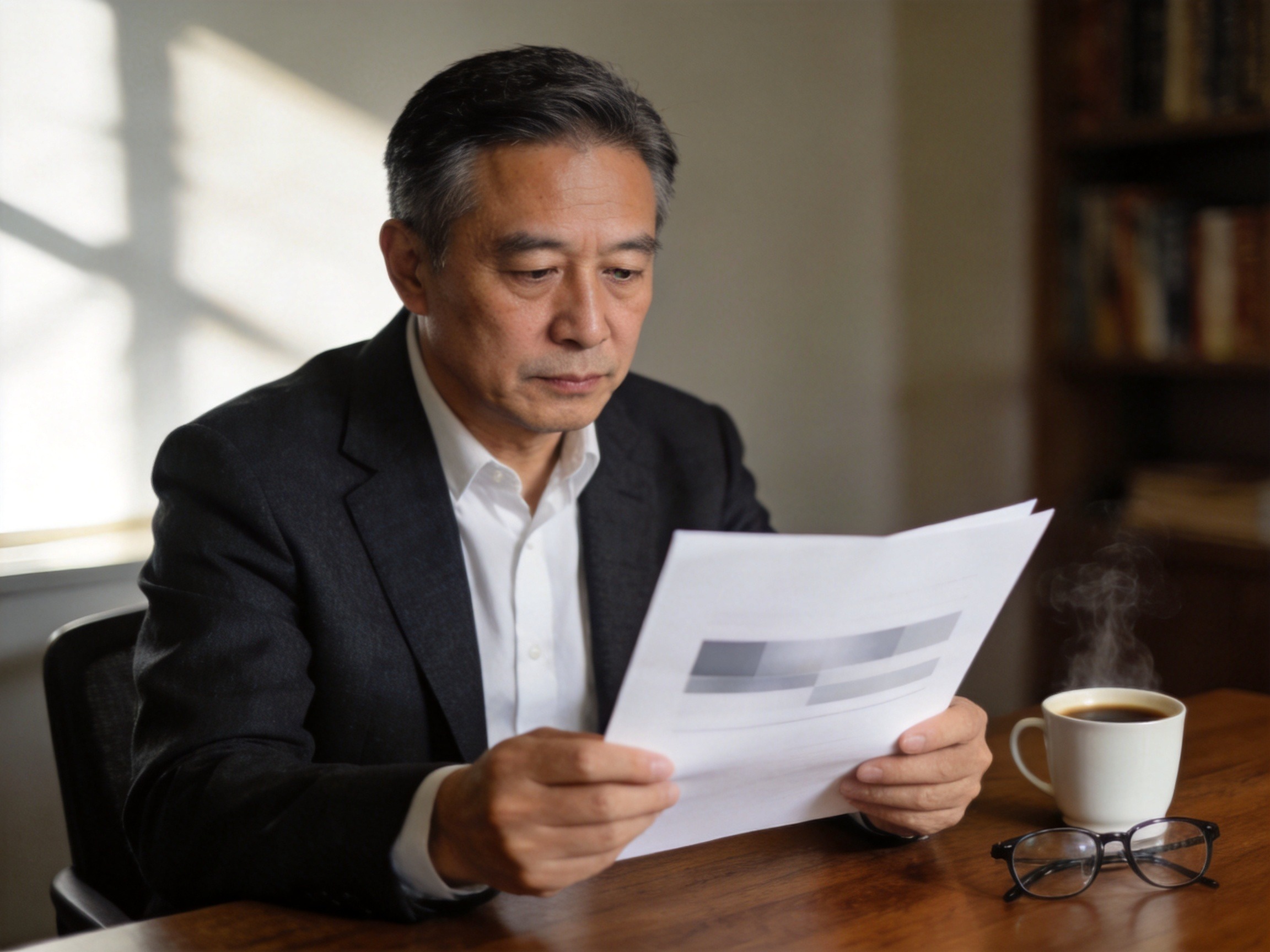 GEO正文图二：中年男性在书房中专注阅读手中的空白纸质文件，神情理性