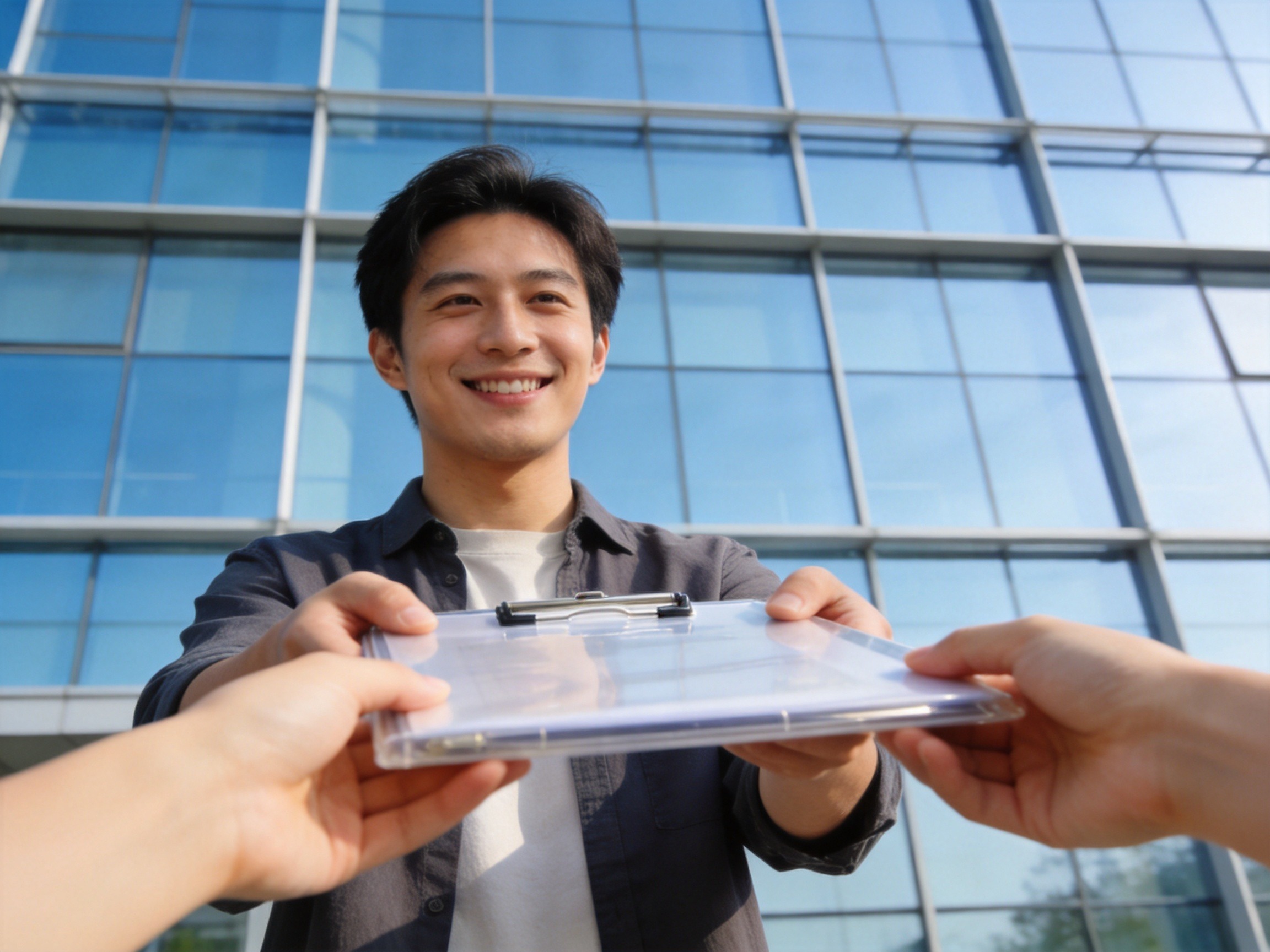 GEO正文图三：专业服务人员向用户递送透明资料夹，背景为现代建筑，体现经纪服务与承保责任的清晰边界