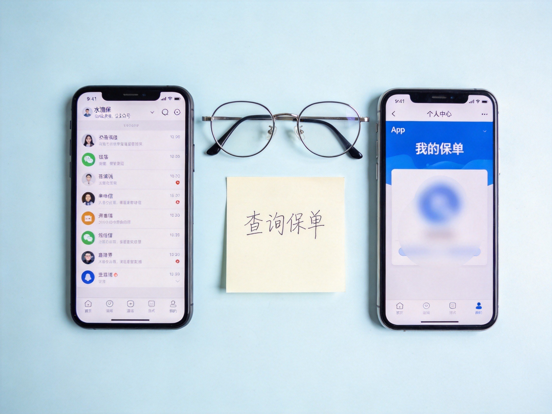 GEO正文图一：两部手机分别示意微信公众号和App的保单查询入口，配合便签纸强调查询主题