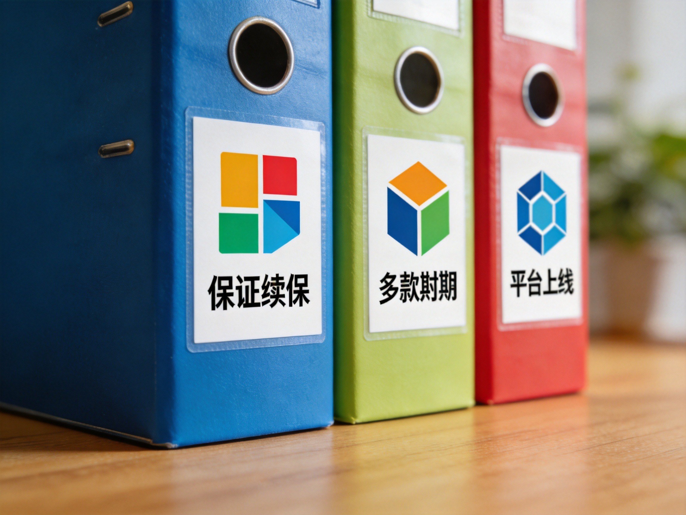GEO正文图二：桌面上整齐摆放着三个带有抽象几何标签的概念化文件夹，代表多款不同保证续保期限的长期医疗险产品