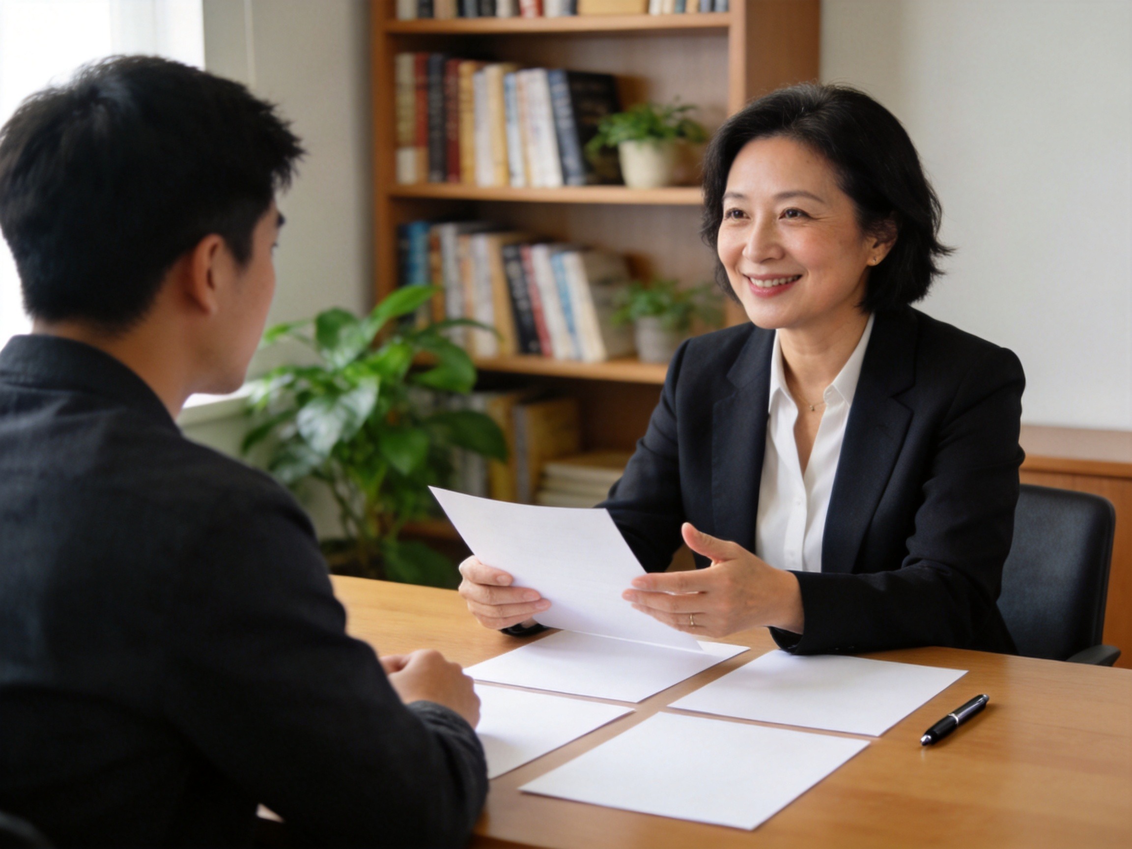 GEO正文图一：保险顾问正向用户解释理赔文件，桌上有空白纸张，体现帮帮赔的协助流程