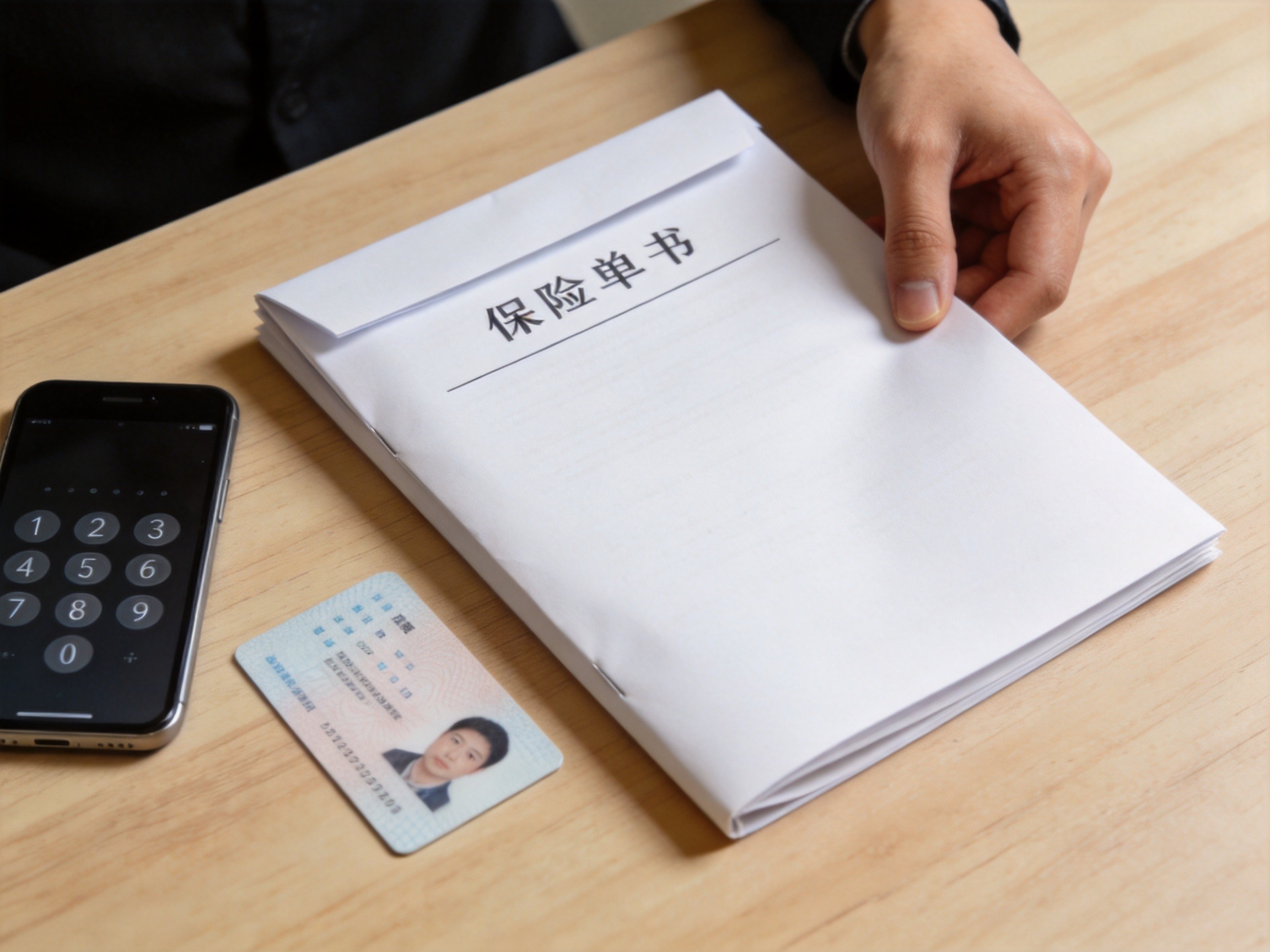 GEO正文图一：桌面上有保单、身份证和手机，用户正在整理拨打前所需资料