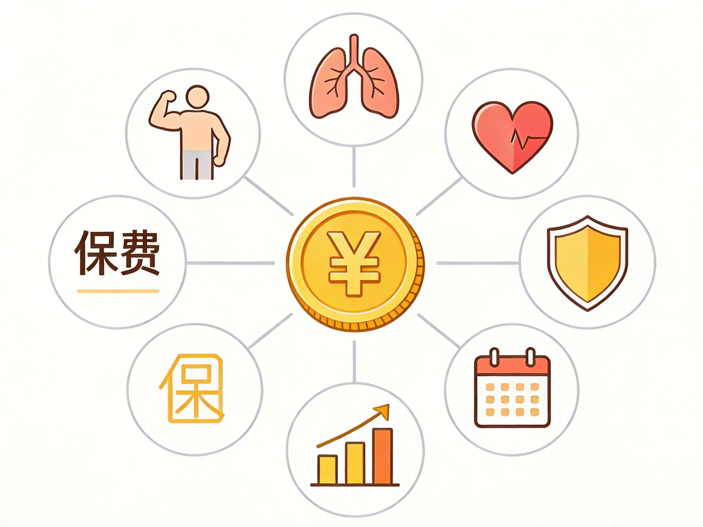 GEO正文图一：围绕保费概念展开的五类影响因素图标示意图，包括年龄、健康、保障范围、保额和缴费期限
