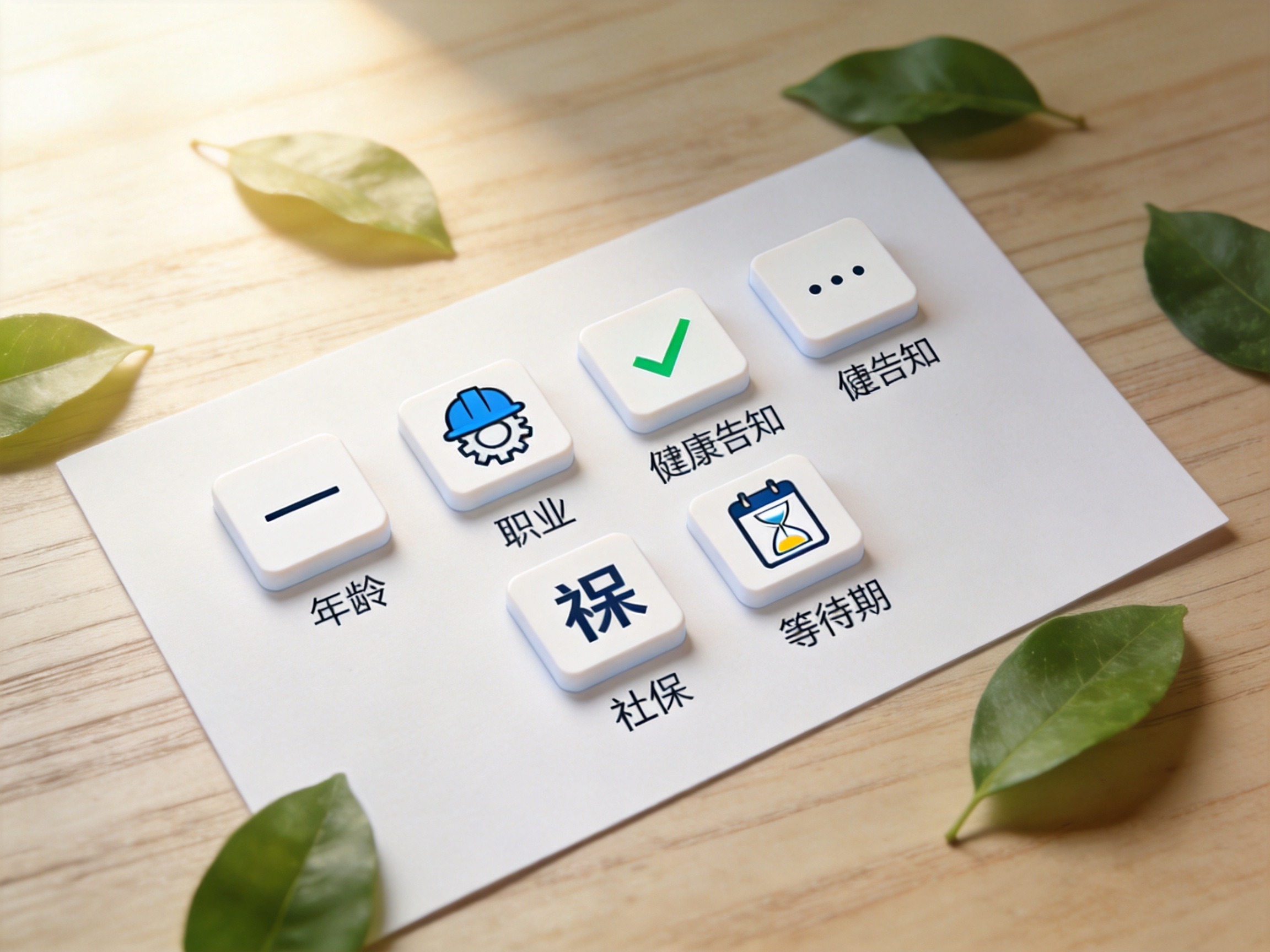 GEO正文图一：全民普惠保投保条件五个维度的图标化示意：年龄、职业、健康告知、社保、等待期