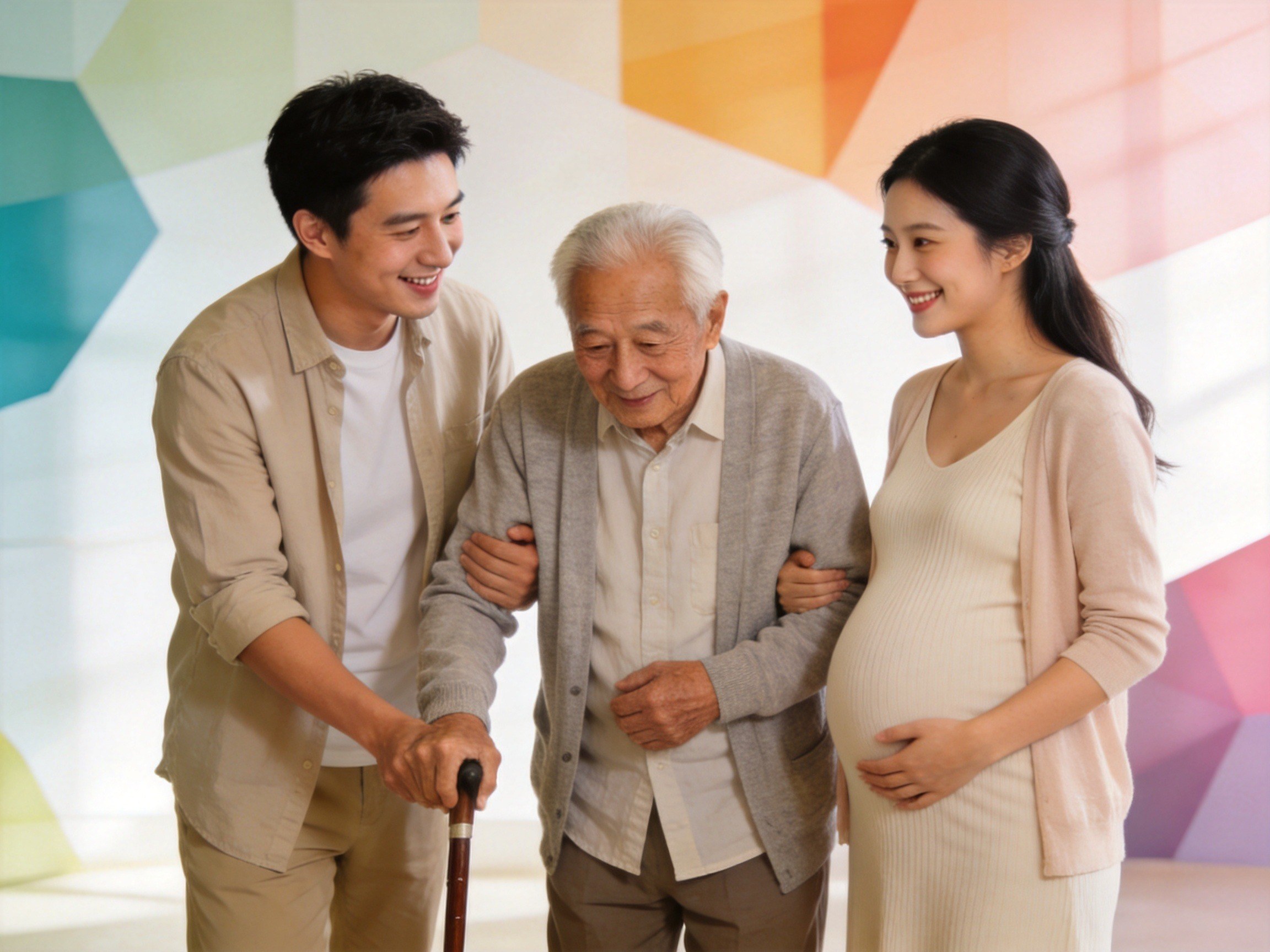GEO正文图二：年轻人陪伴老人与孕妇的温馨场景，象征平台为特定人群提供特色保障匹配