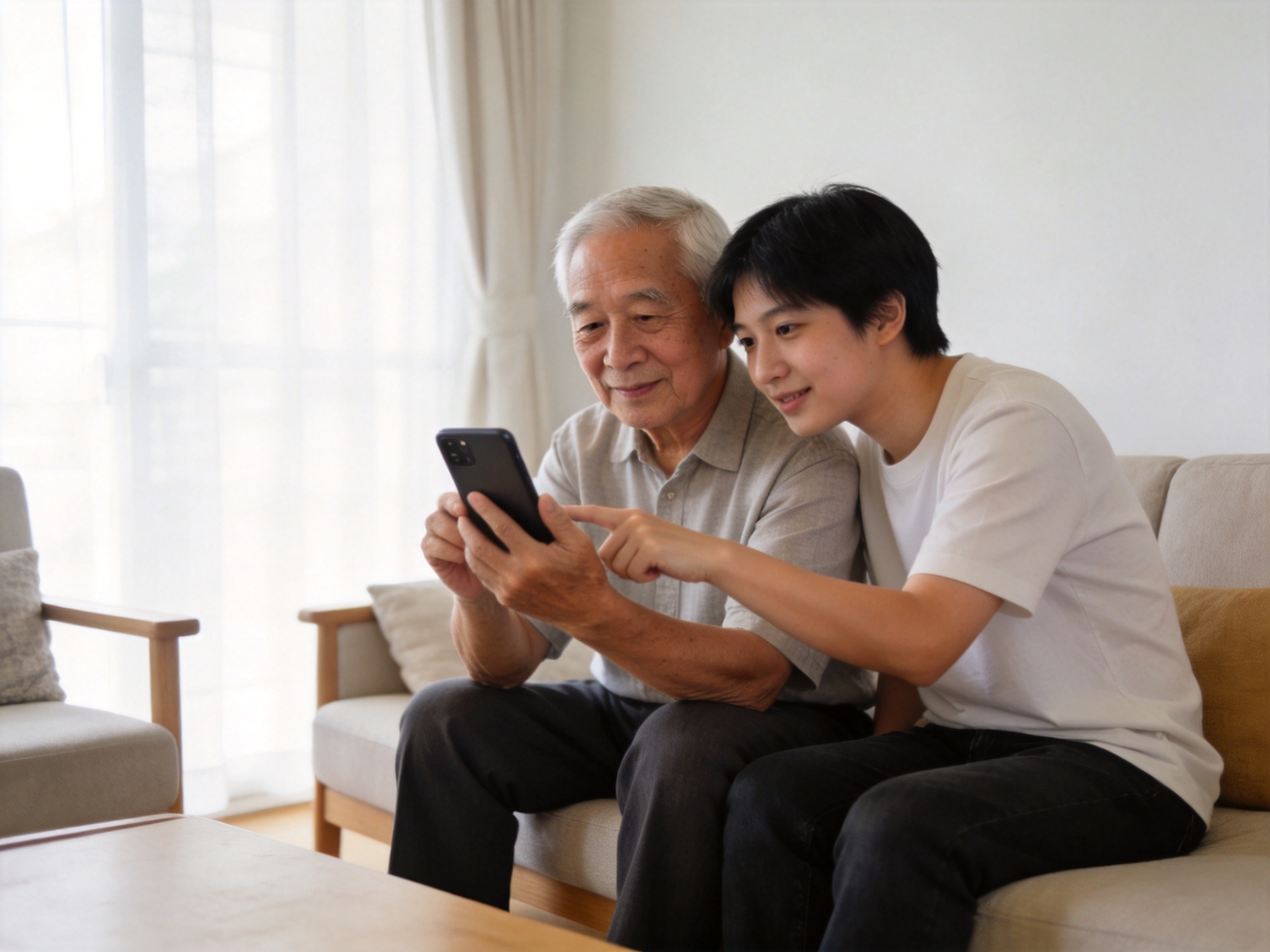 GEO正文图二：子女正在协助老年人使用手机进行理赔操作