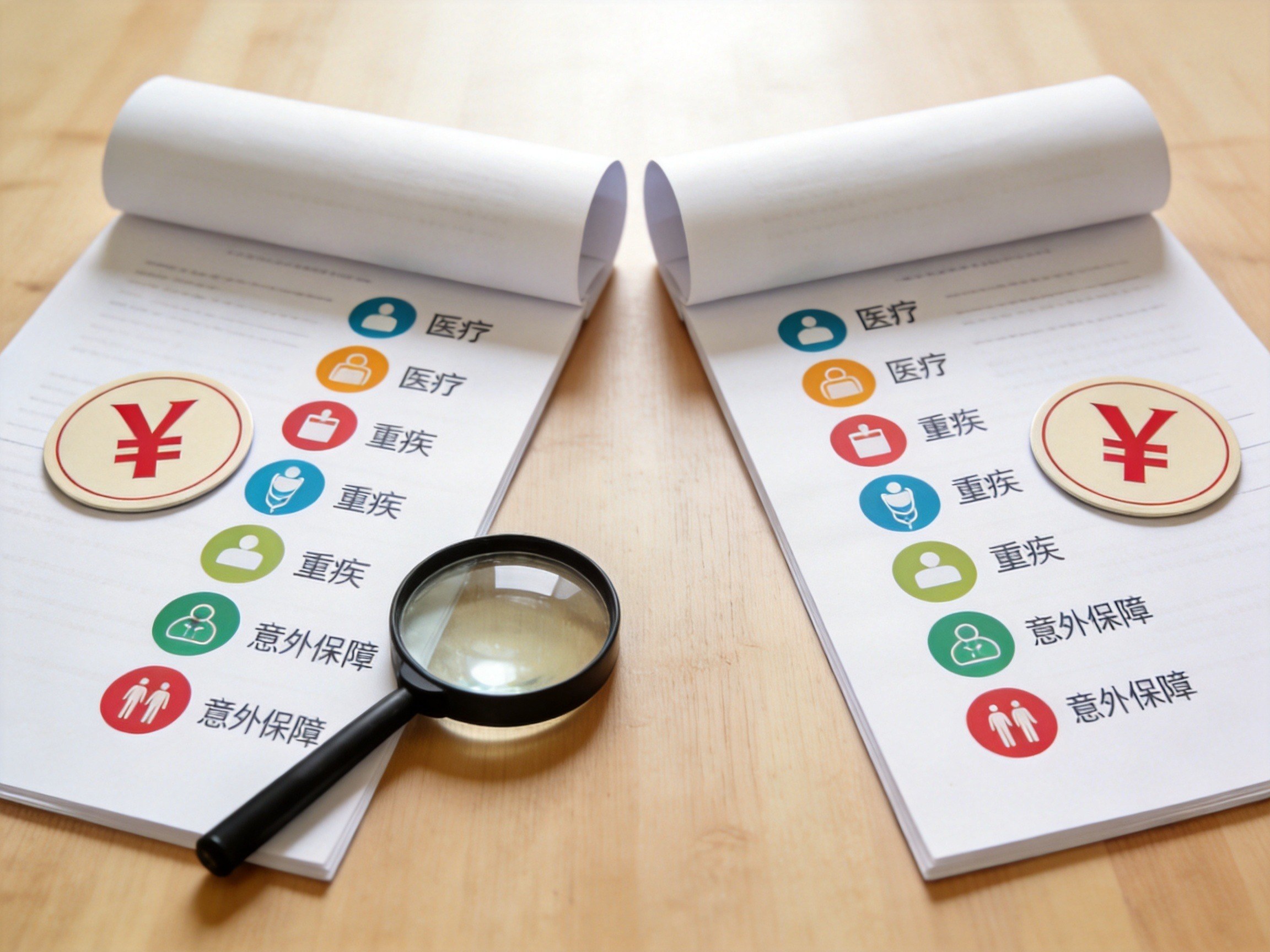GEO正文图一：两份保险方案文件并列，保障项目图标对称排列，价格标签相同，体现保障对等和价格统一原则