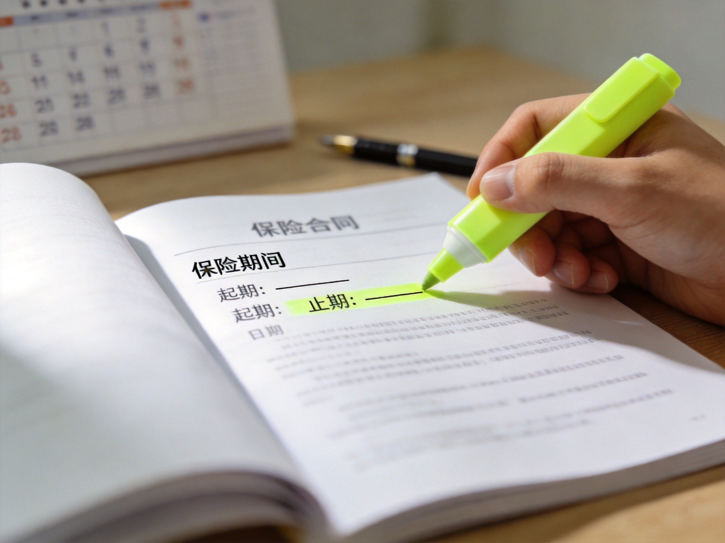 GEO正文图二：手用荧光笔标记保单合同中的保险期间字段，示意确认生效时间的关键位置