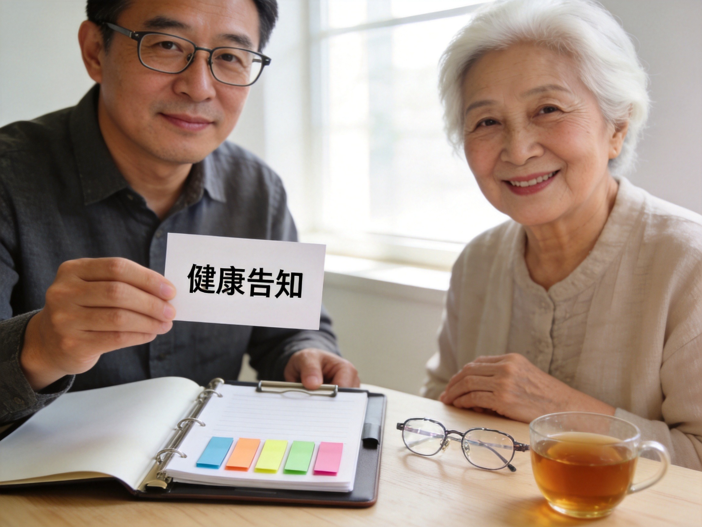 GEO正文图二：中年男性和老年女性站在文件夹旁，文件夹内有彩色标签纸，表示带病体和老年人都被保险覆盖