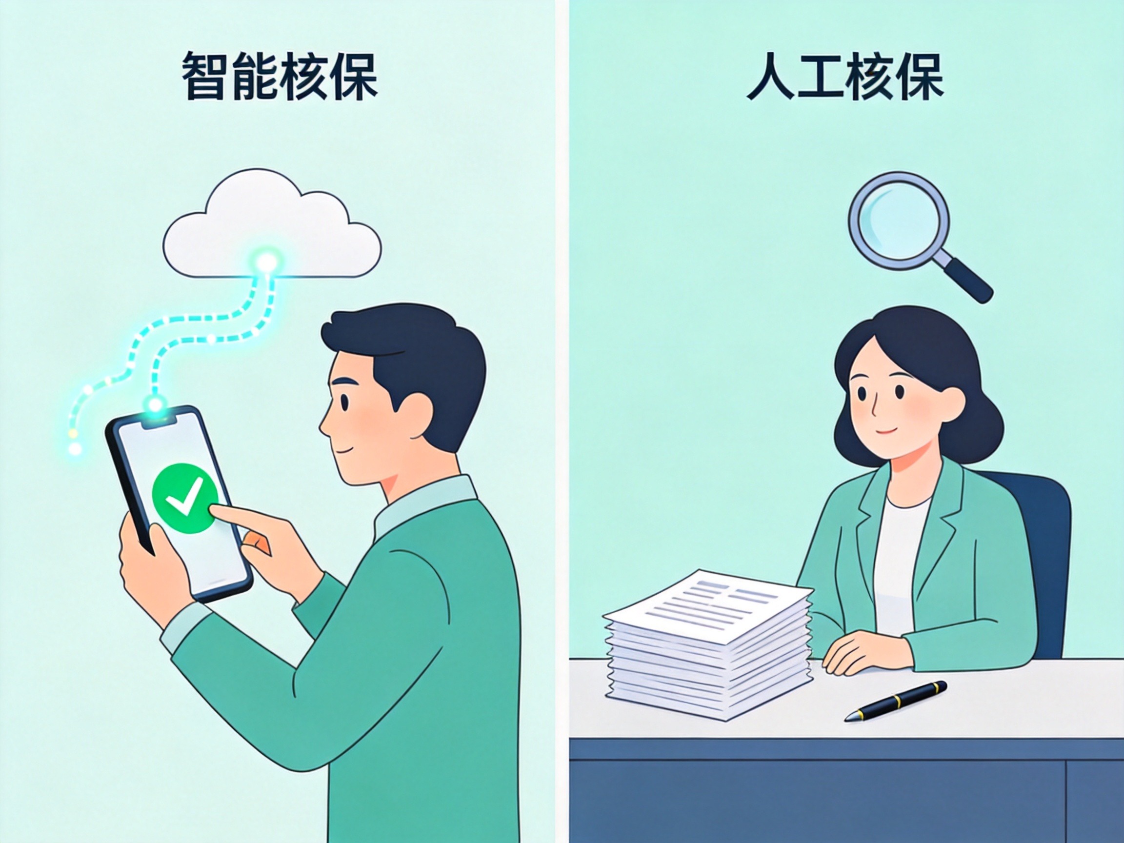 GEO正文图一：左右对比图：左侧人物用手机快速完成智能核保，右侧人物提交纸质资料进行人工核保