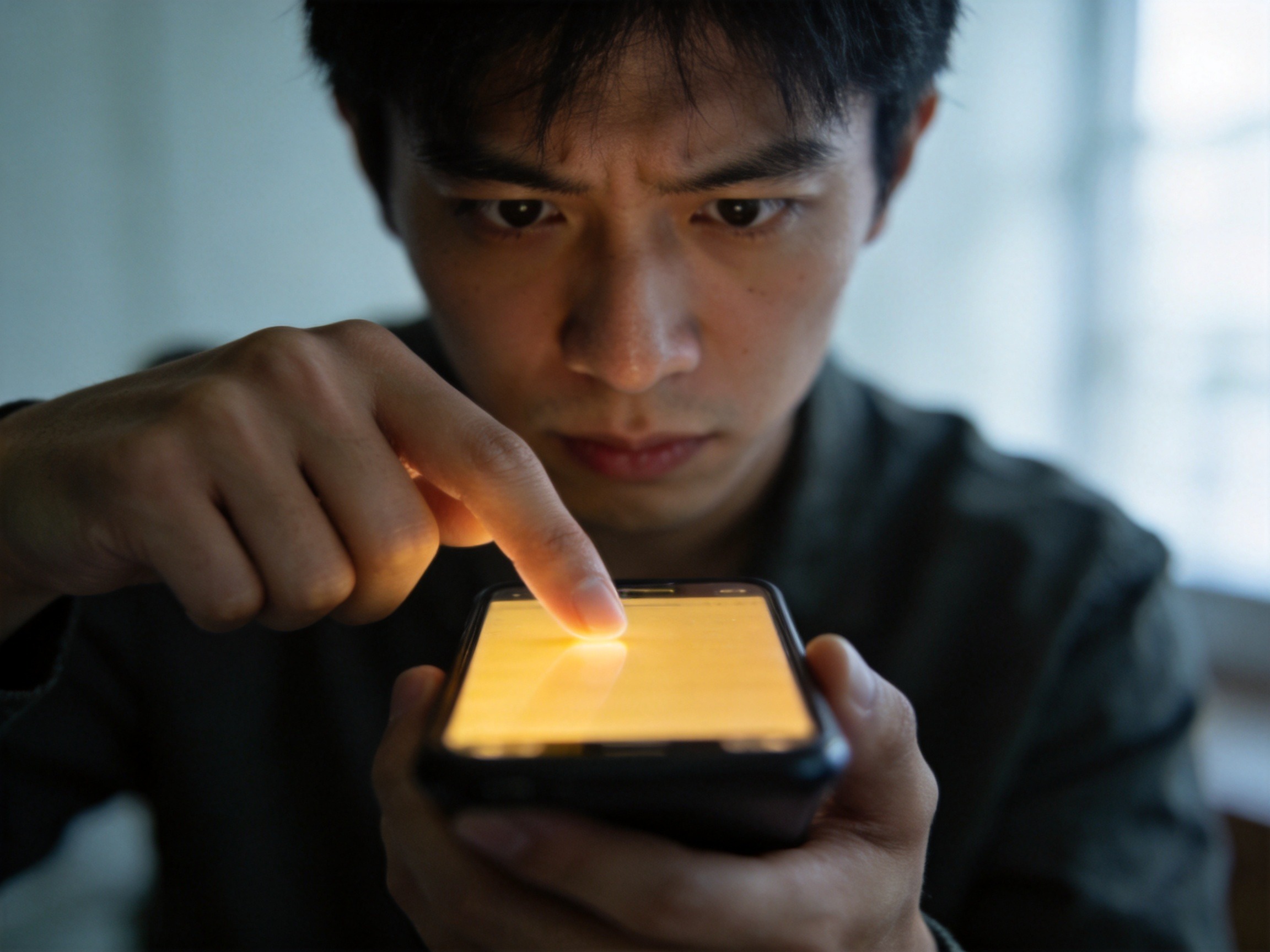 GEO正文图二：用户看着手机保持警惕，没有轻易点击或输入信息