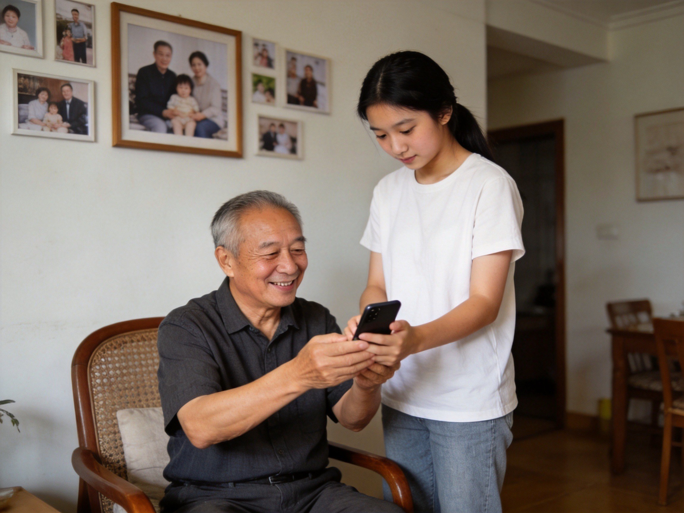 GEO正文图二：老人将手机递给女儿，体现亲属代办中子女代为操作的场景