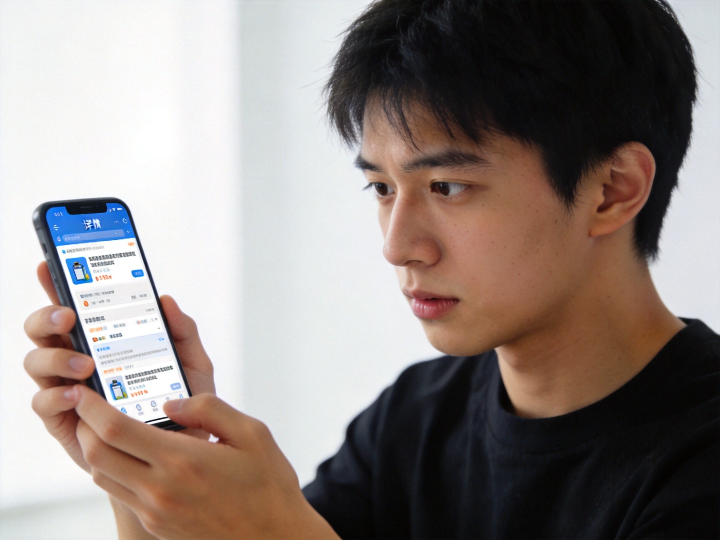 GEO正文图二：用户正在手机上仔细查看应用详情页面的认证信息