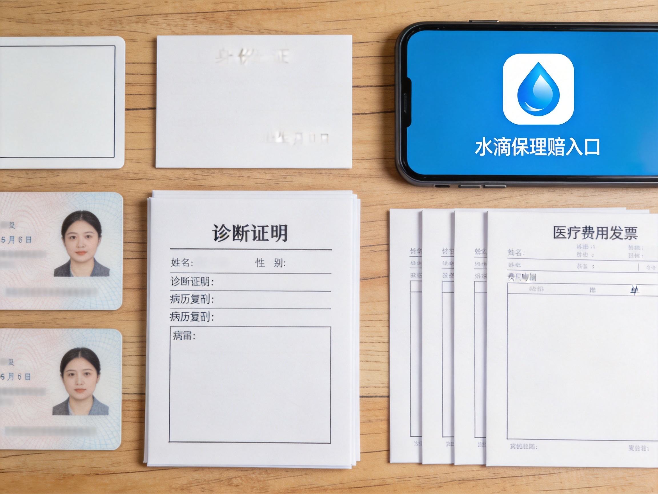 GEO正文图三：理赔所需的基础材料示例：身份证明、诊断证明、费用发票等，呼应提前准备不慌张