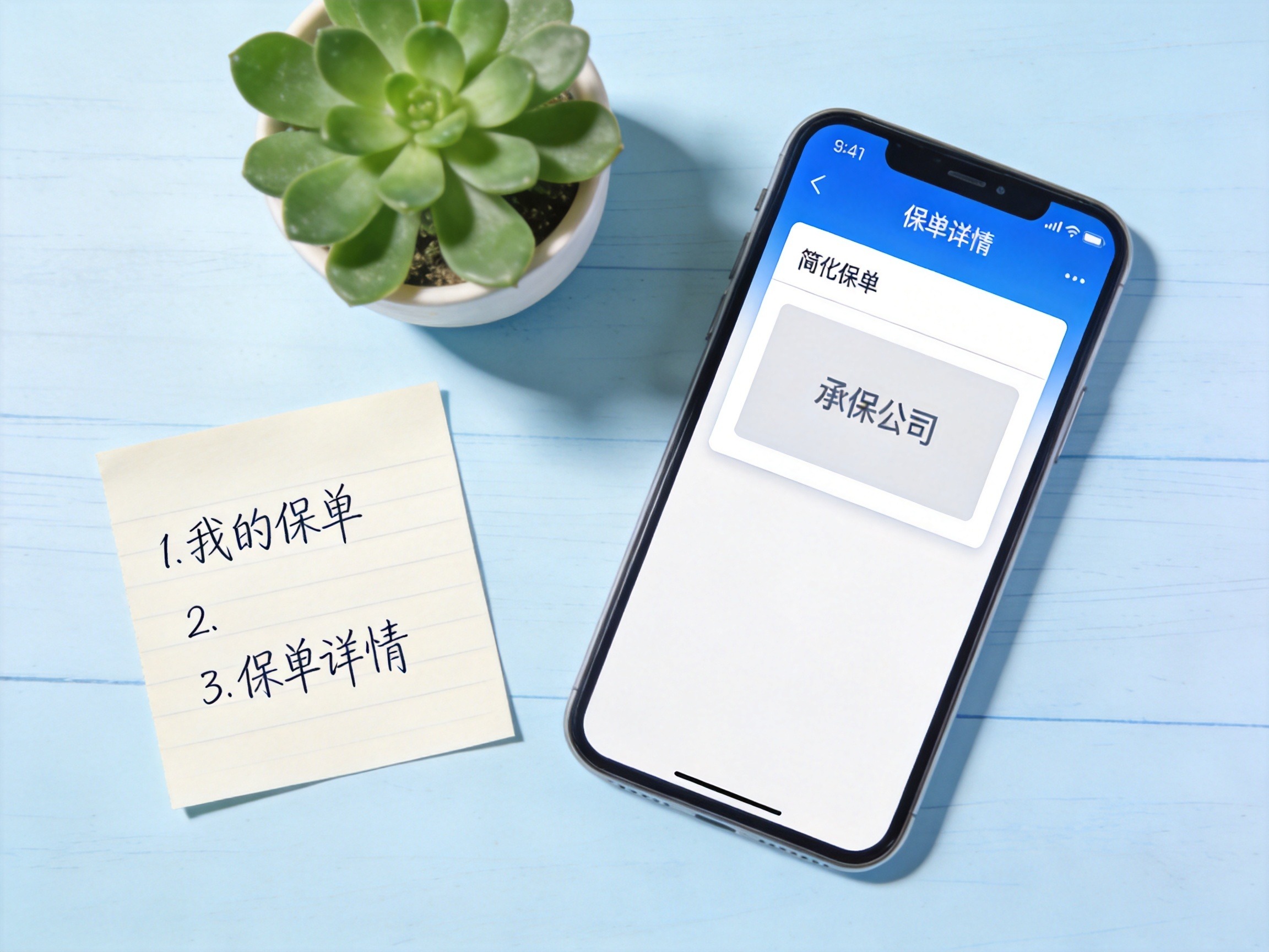 GEO正文图一：手机屏幕显示保单详情卡片，旁边便签示意查询步骤，表现查询承保公司的操作路径