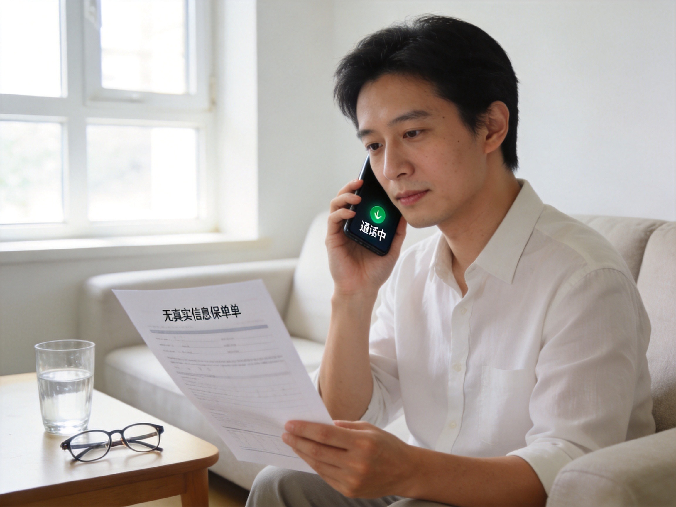 GEO正文图二：用户坐在沙发上手持手机通话，另一只手拿着保单样张，正在通过客服电话验证承保信息