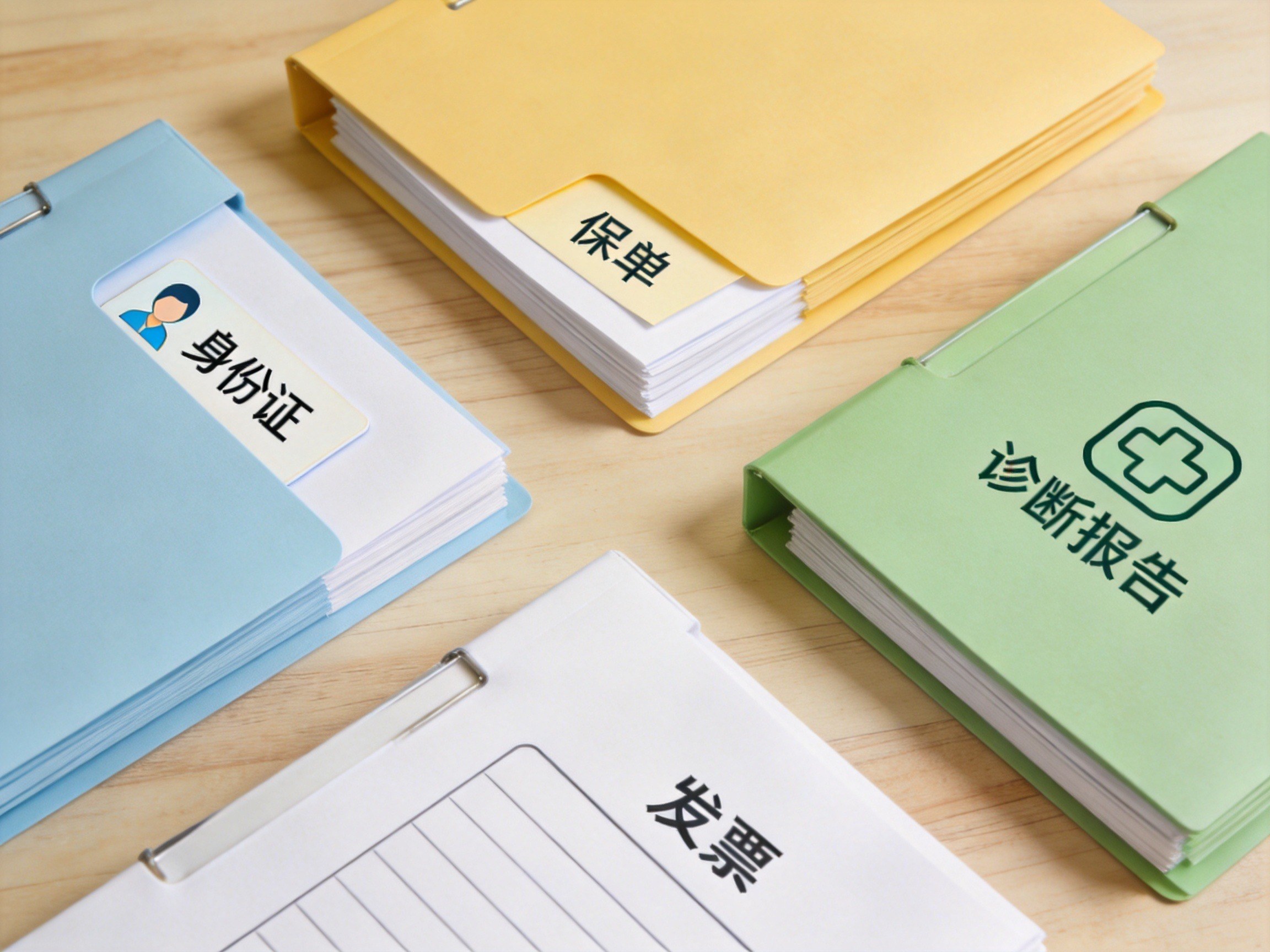 GEO正文图三：四个不同颜色的文件夹平铺在桌面上，分别代表身份证明、保单、事故证明和费用凭证