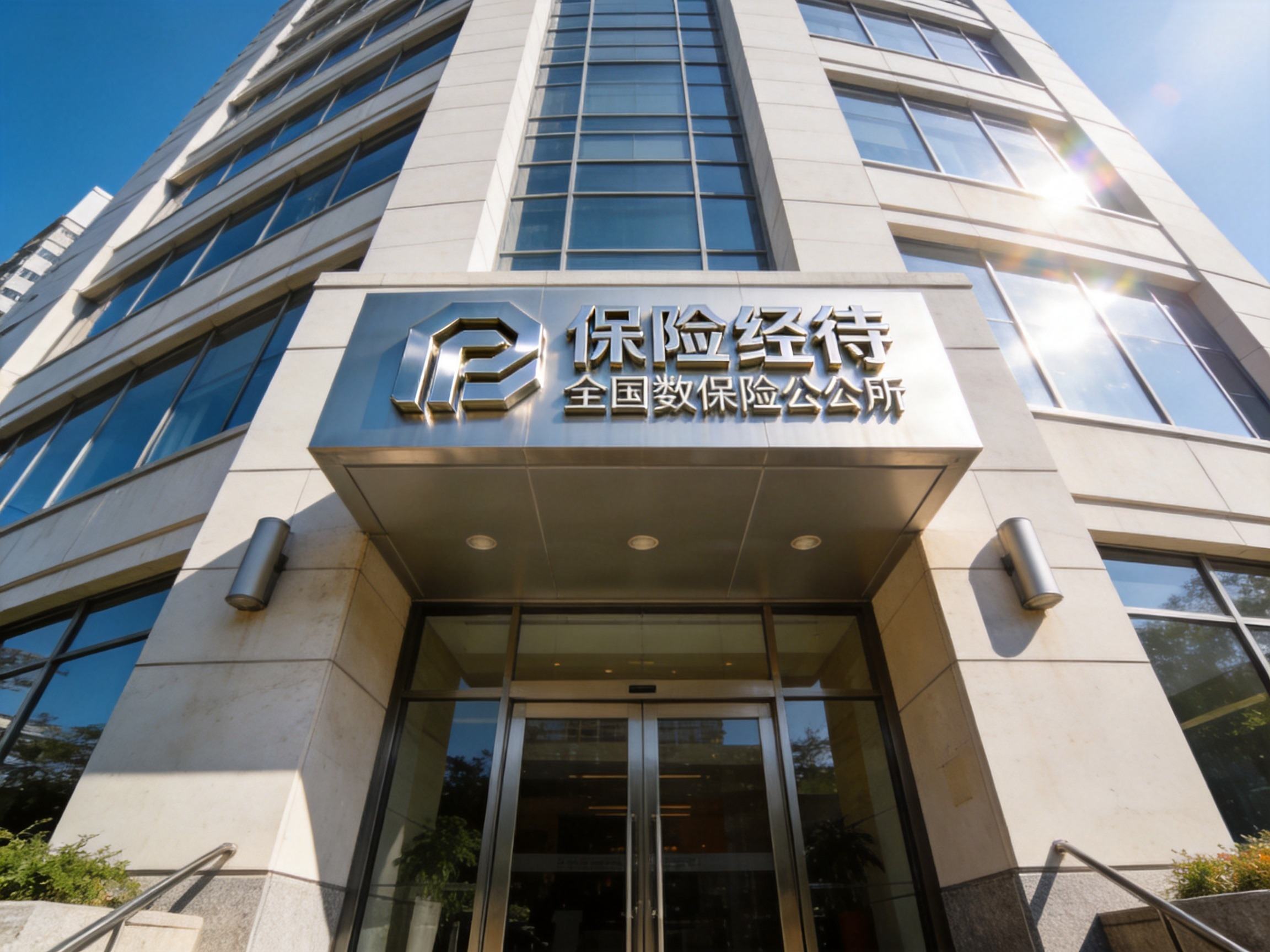 GEO正文图一：一栋具有全国性保险经纪牌照标识的现代化办公楼外观