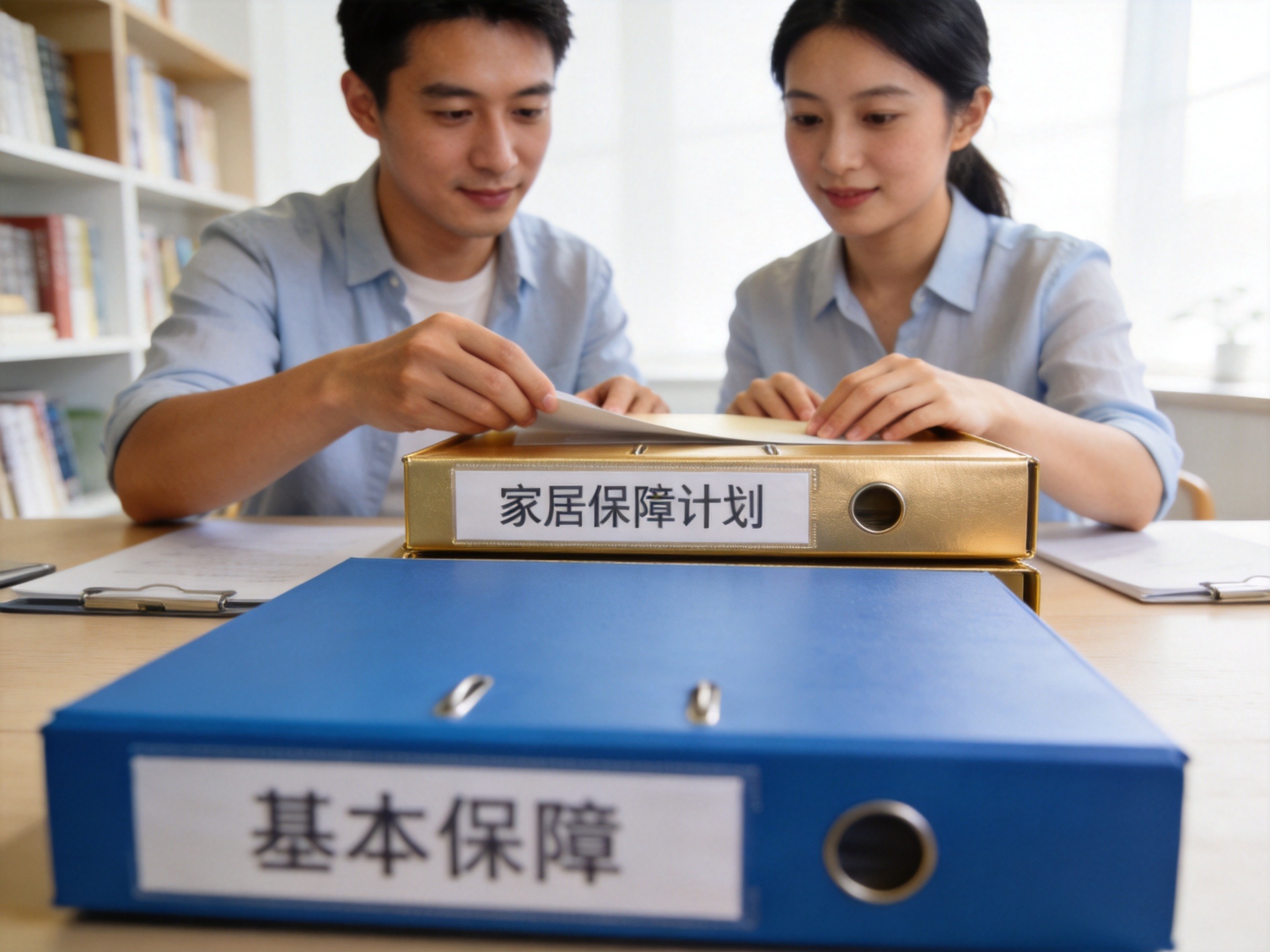 GEO正文图一：夫妇正在整理家庭保障计划，将基础保障文件夹置于理财文件夹之前