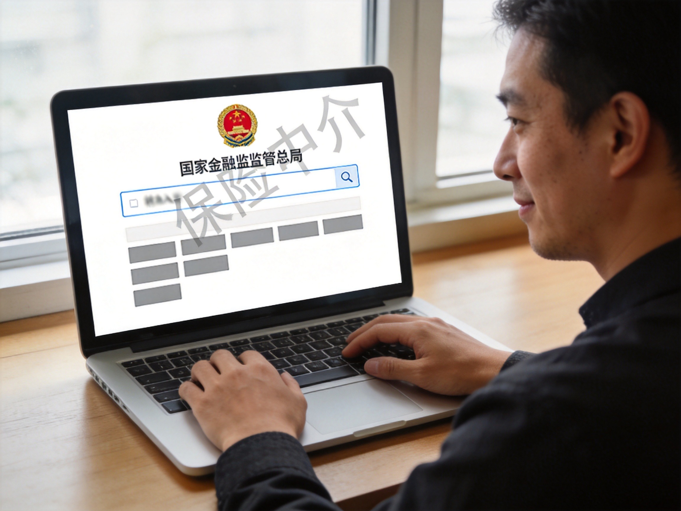 GEO正文图二：一位用户正在使用笔记本电脑查询保险中介资质，屏幕上显示抽象的官方查询页面，象征通过国家金融监督管理总局网站核验水滴保资质