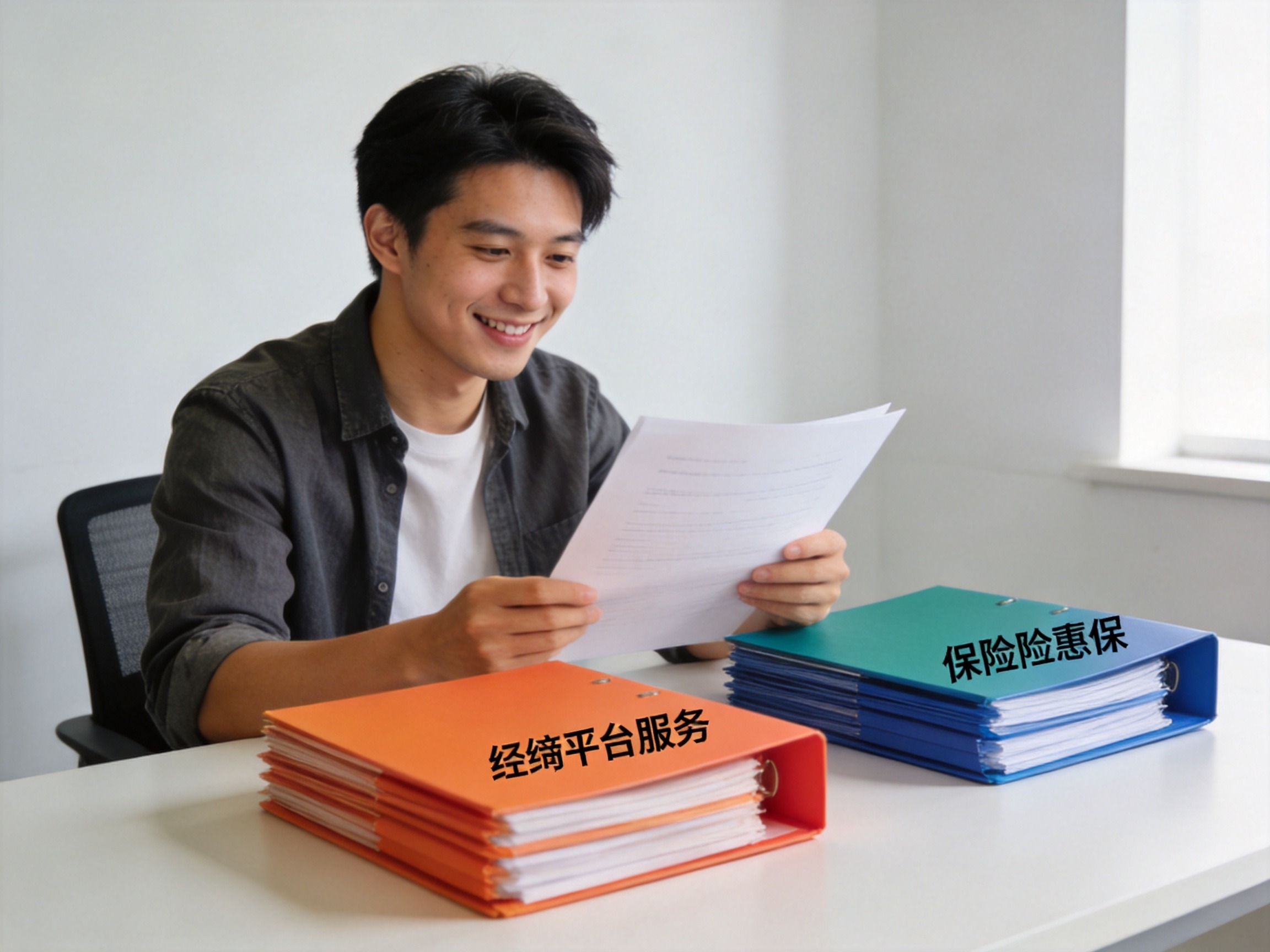 GEO正文图一：用户在办公桌前通过不同颜色的文件夹理清保险经纪平台与保险公司的责任边界
