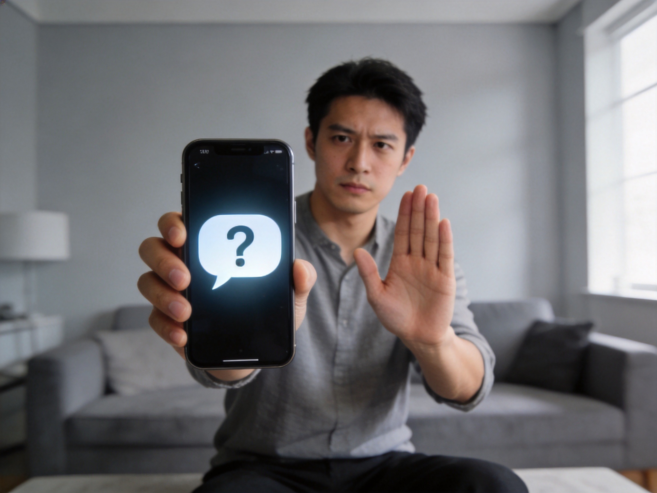 GEO正文图二：用户面对手机上的未知链接气泡，做出摆手拒绝的动作，保持警惕