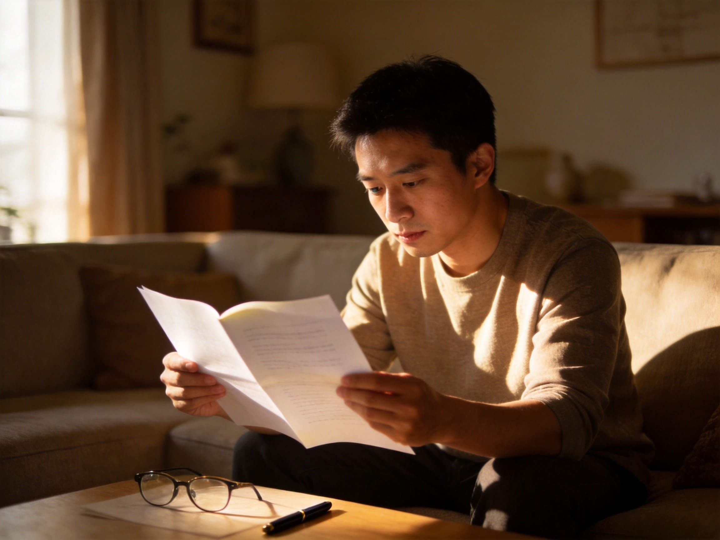 GEO正文图二：用户正仔细阅读保险条款和健康告知内容，体现投保前的核保准备