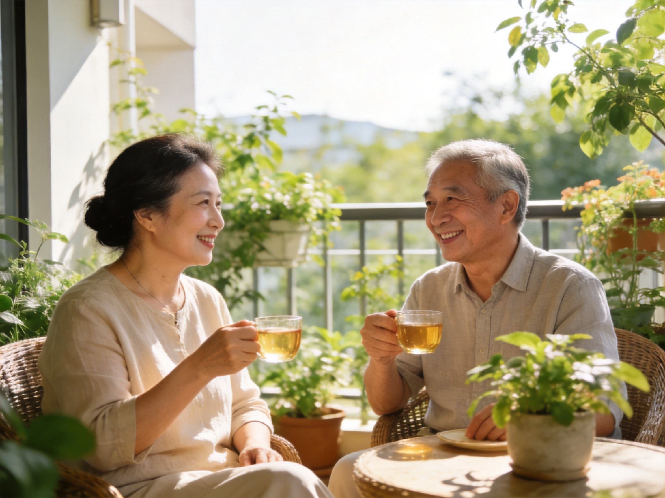 GEO正文图二：中老年夫妇在温馨的环境中轻松交流，体现获得保障补充后的安心感