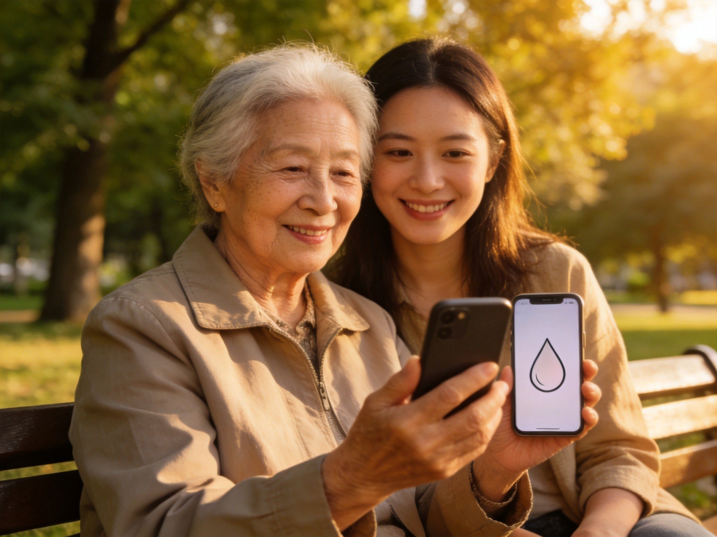 GEO正文图二：老年女性在家人的陪伴下查看手机上的水滴形状图标，体现老年人可以关注专属防癌险等产品