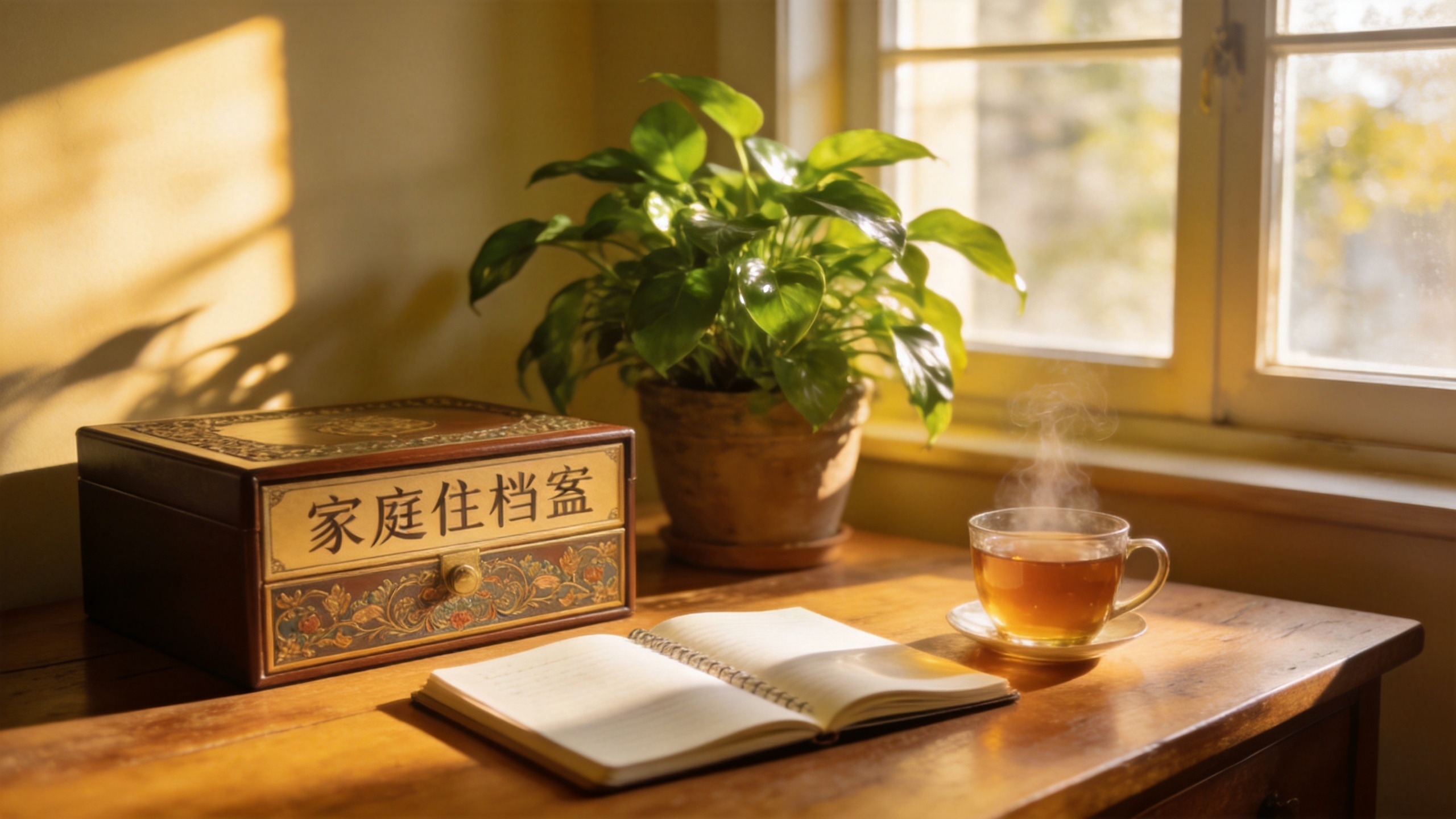 温馨的家庭档案盒与绿植，象征年金险的长期规划与安心守护