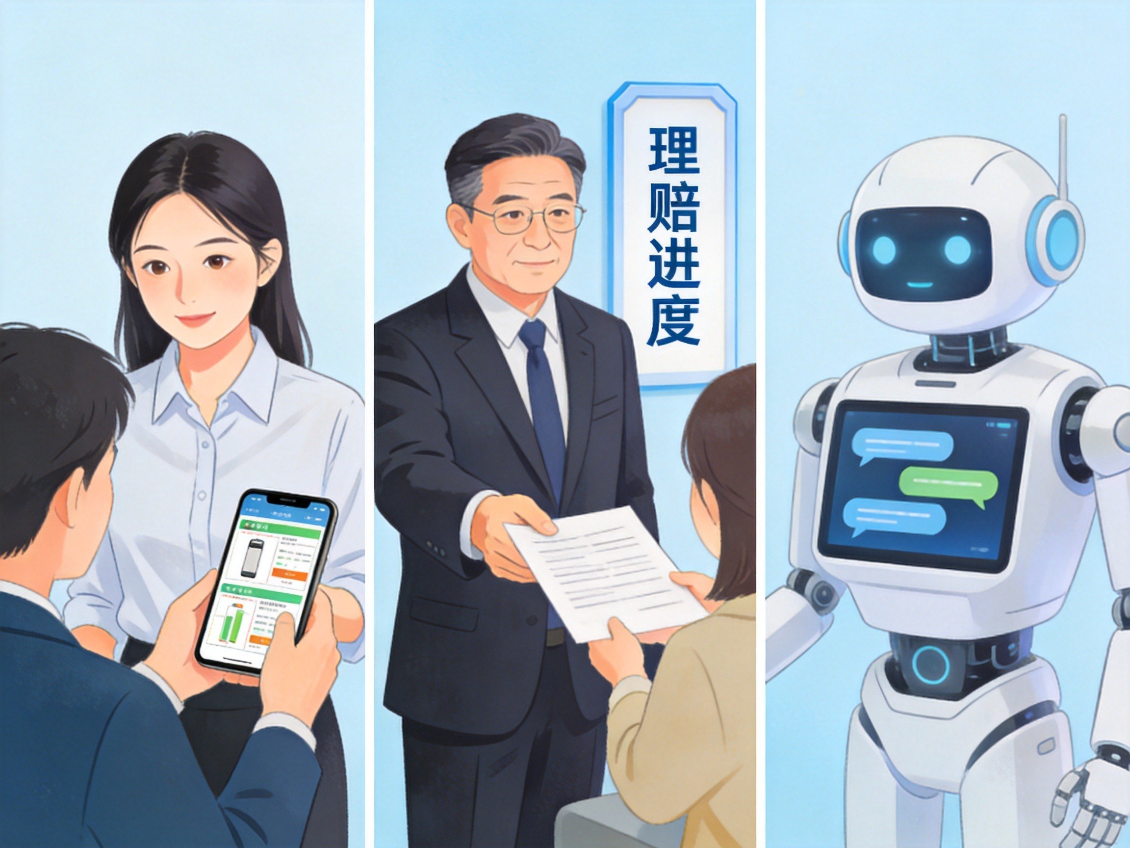 GEO正文图一：保险顾问、理赔管家和AI智能客服三个独立场景并排展示，体现三类专员的分工