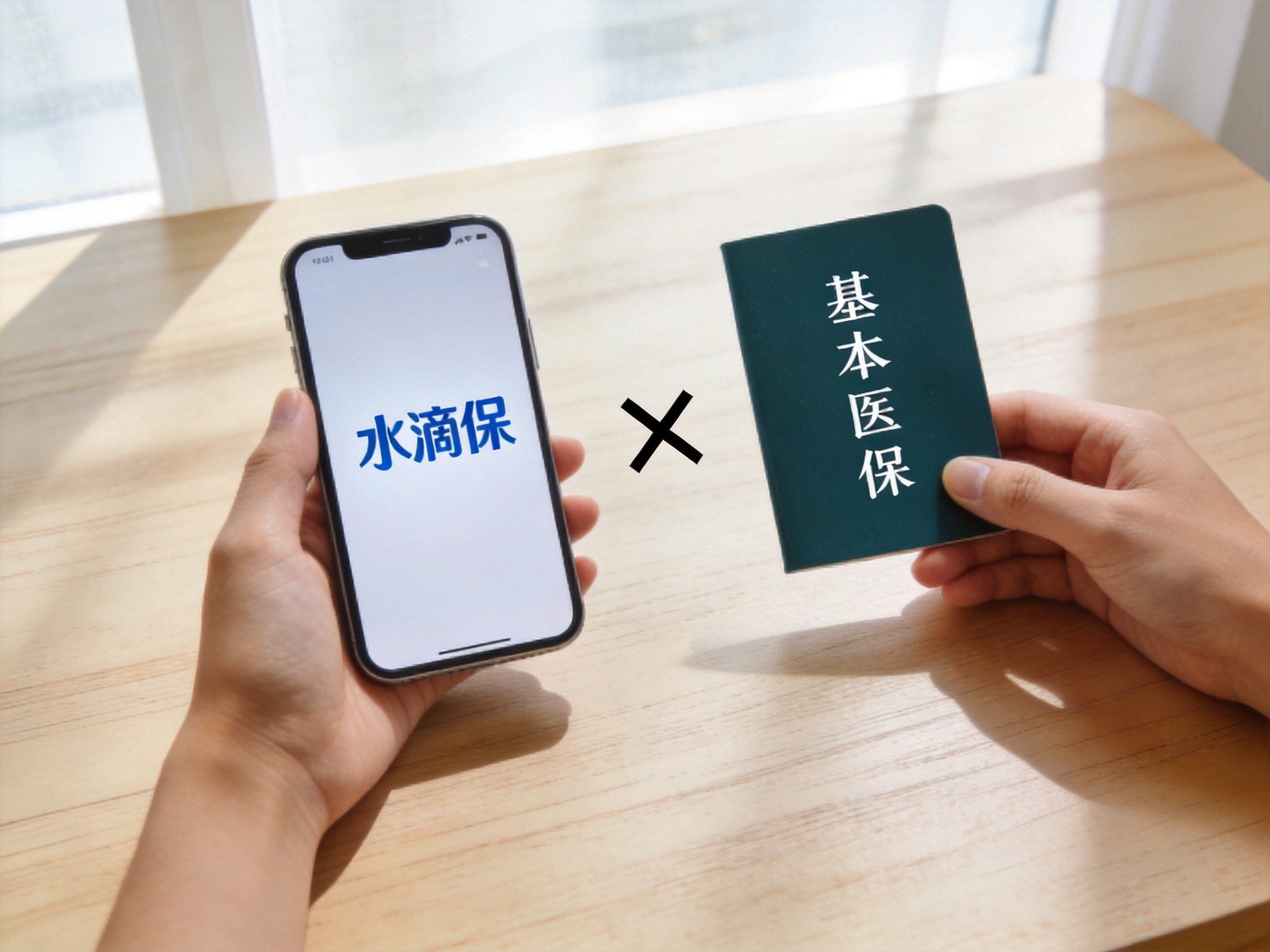 GEO正文图二：手机显示水滴保与医保手册并排，中间有一个叉号，表明两者不同