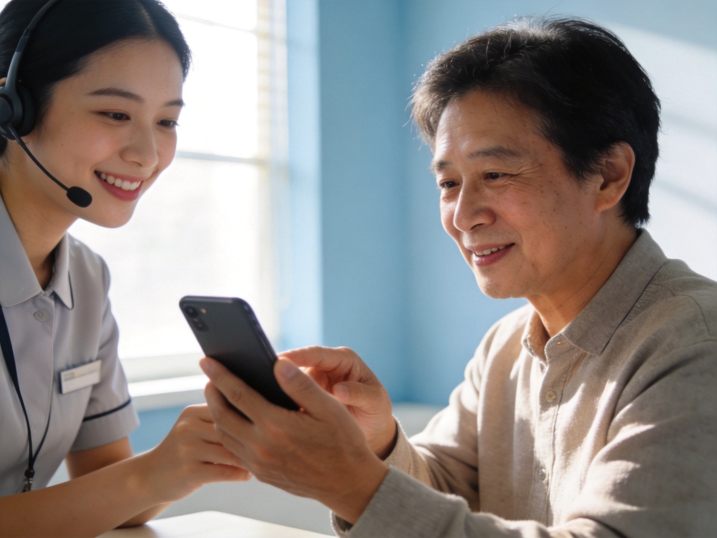 GEO正文图二：用户正在查看手机信息，旁边有专业客服人员提供协助指引