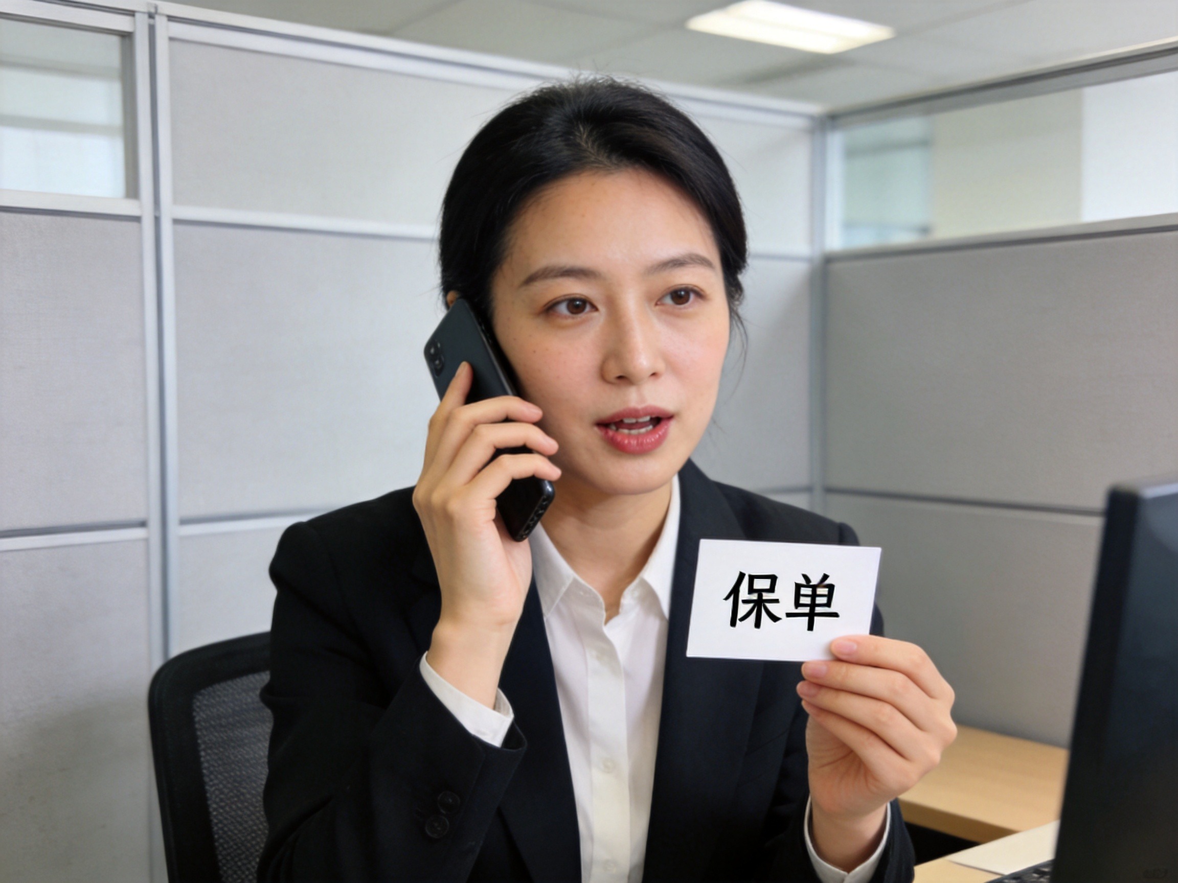 GEO正文图二：用户正在拨打电话咨询保险保单信息，身边放有保单卡片