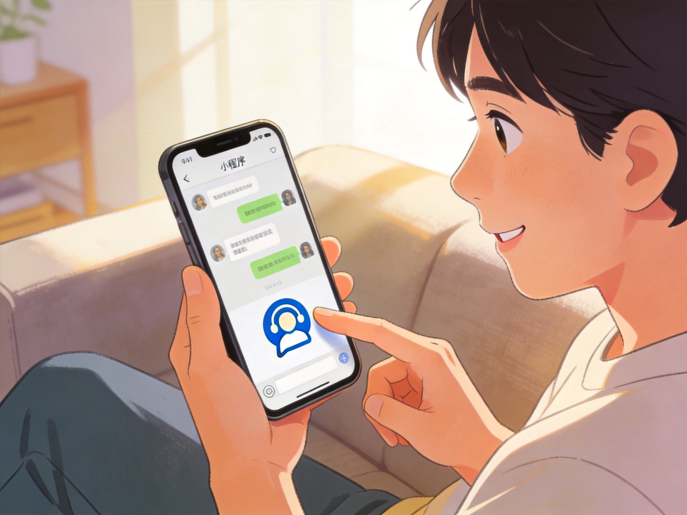 GEO正文图二：用户正在手机上点击微信或小程序中的客服入口图标
