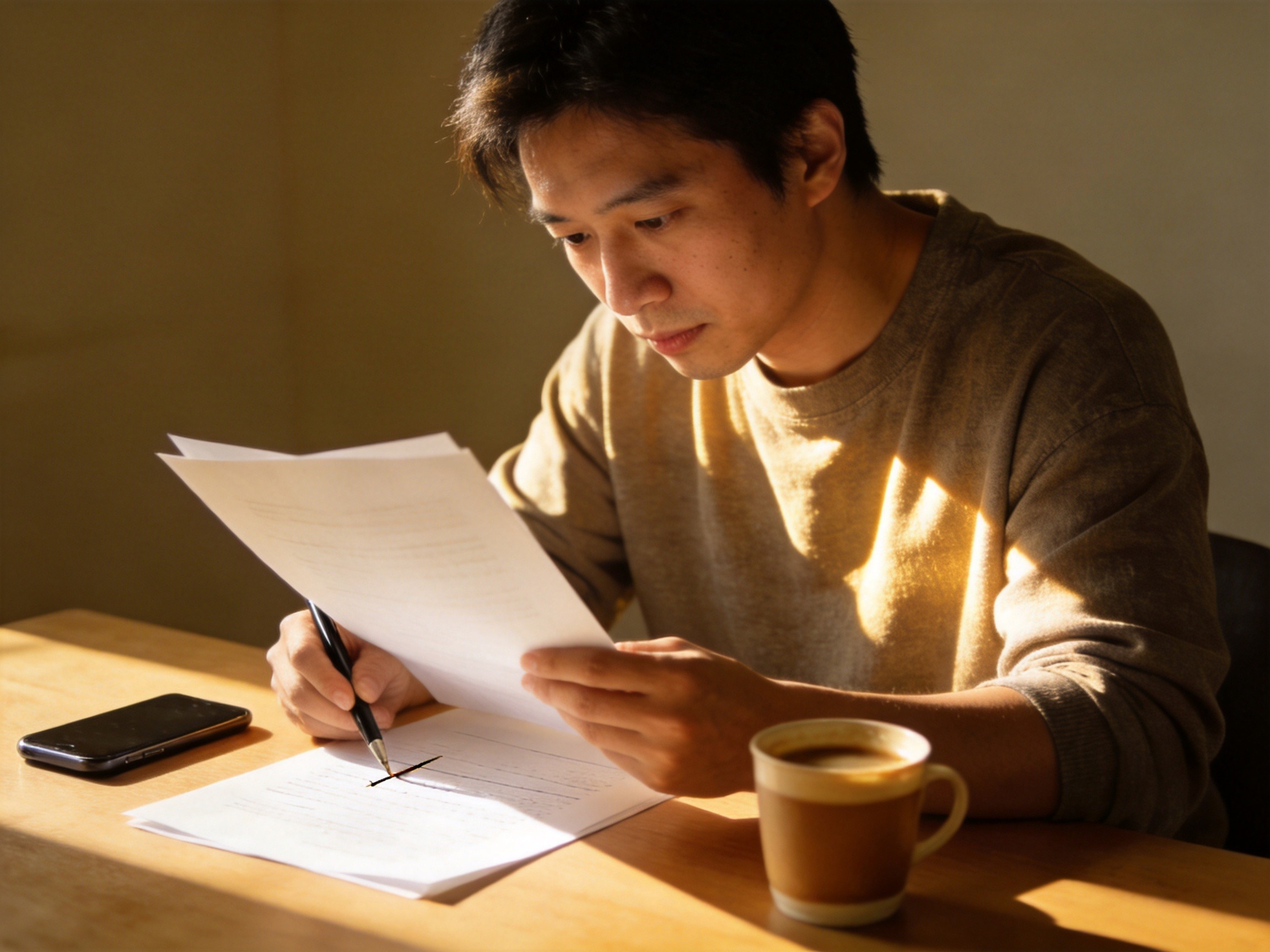 GEO正文图一：用户坐在书桌前认真阅读文件并做标记，象征核对续保条件与扣费规则