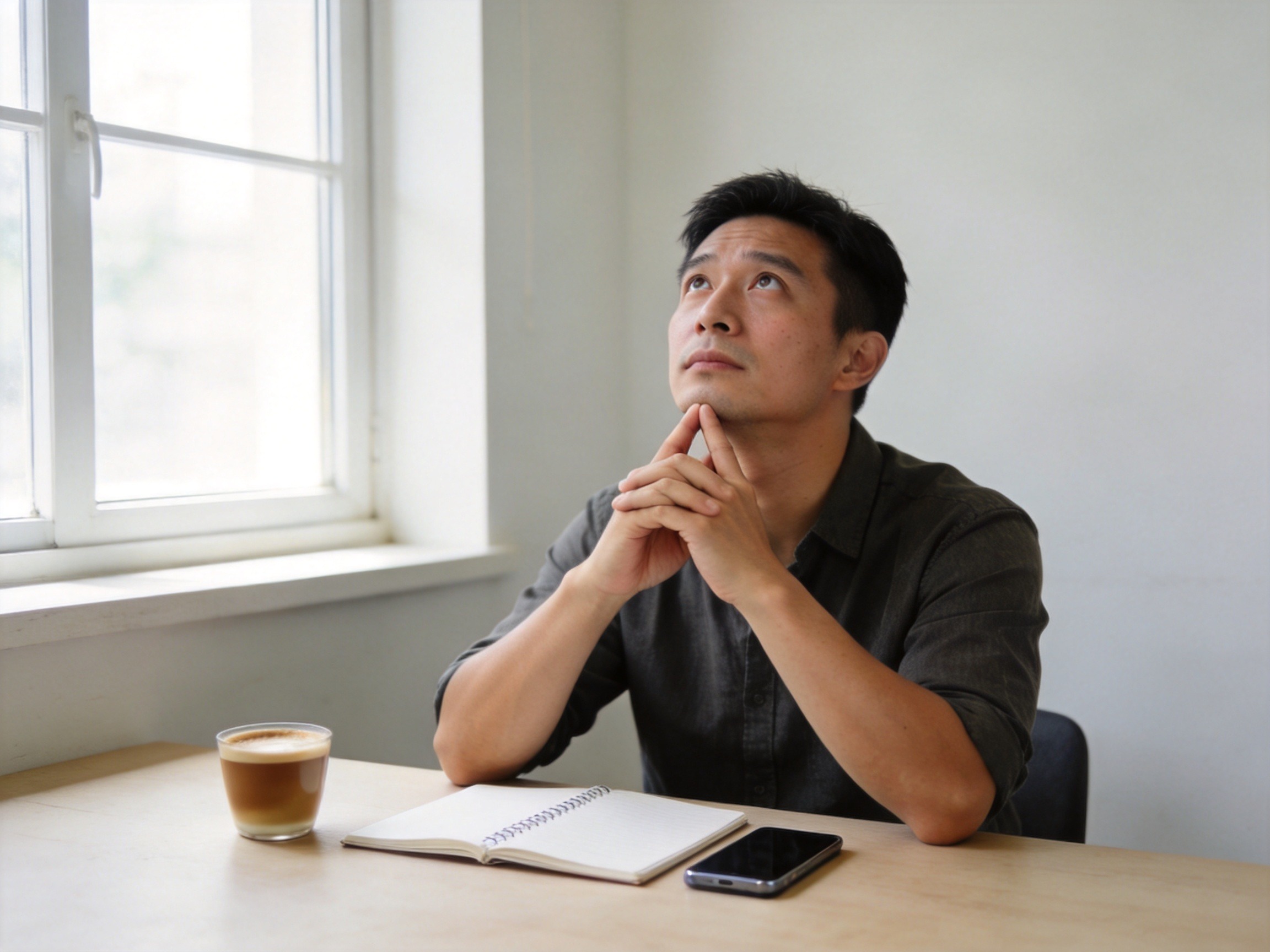 GEO正文图一：男性在书桌前沉思权衡退保原因的场景，配合文章关于先确认是否需要退保的段落