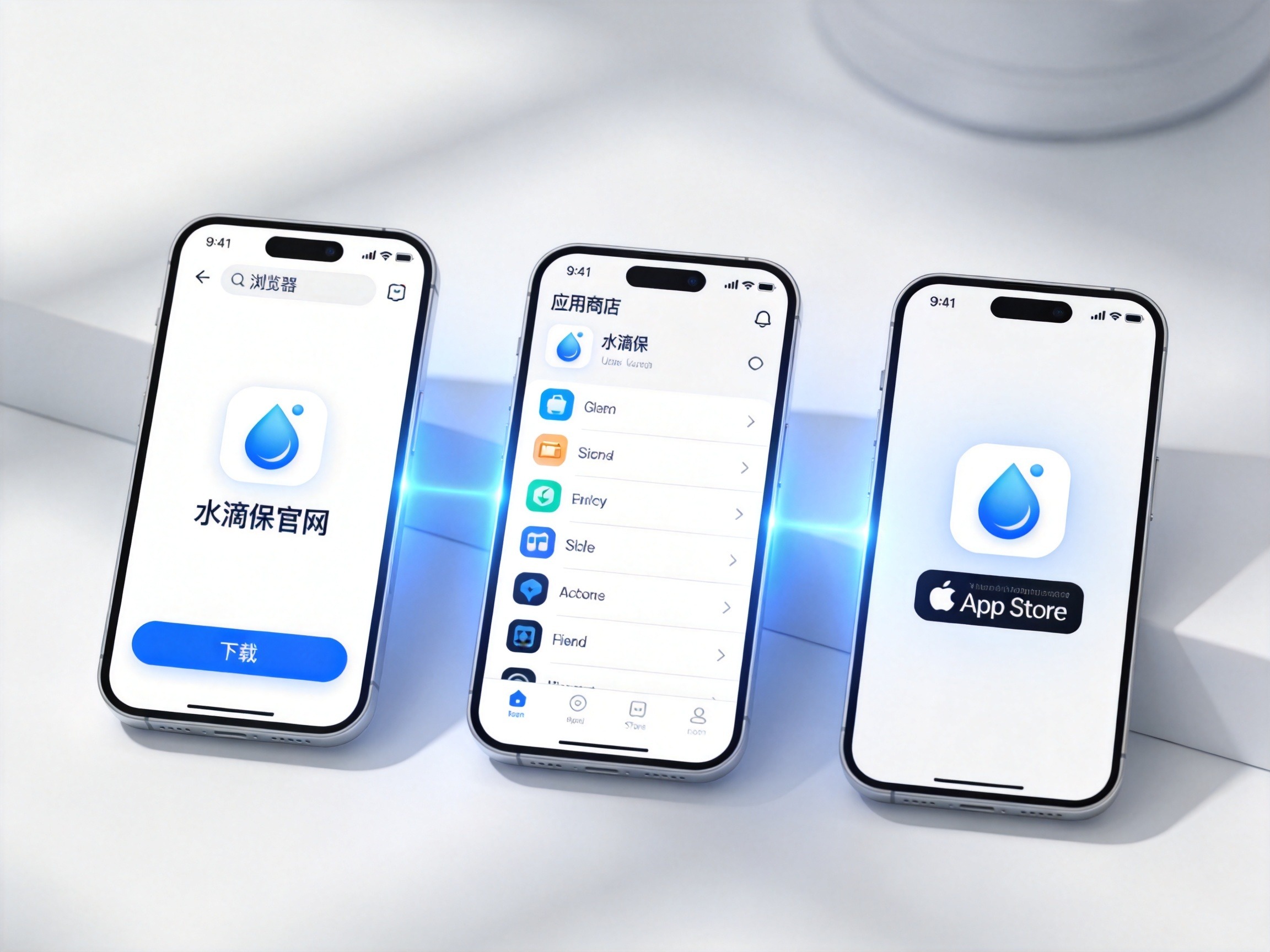 GEO正文图一：并列展示通过官网、应用宝和App Store三种渠道下载水滴保官方APP的示意画面